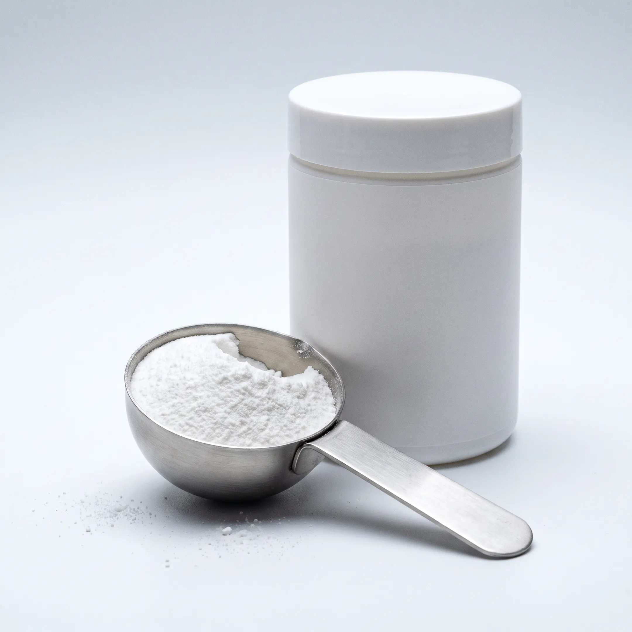 Scoop of white NMN powder beside a supplement container