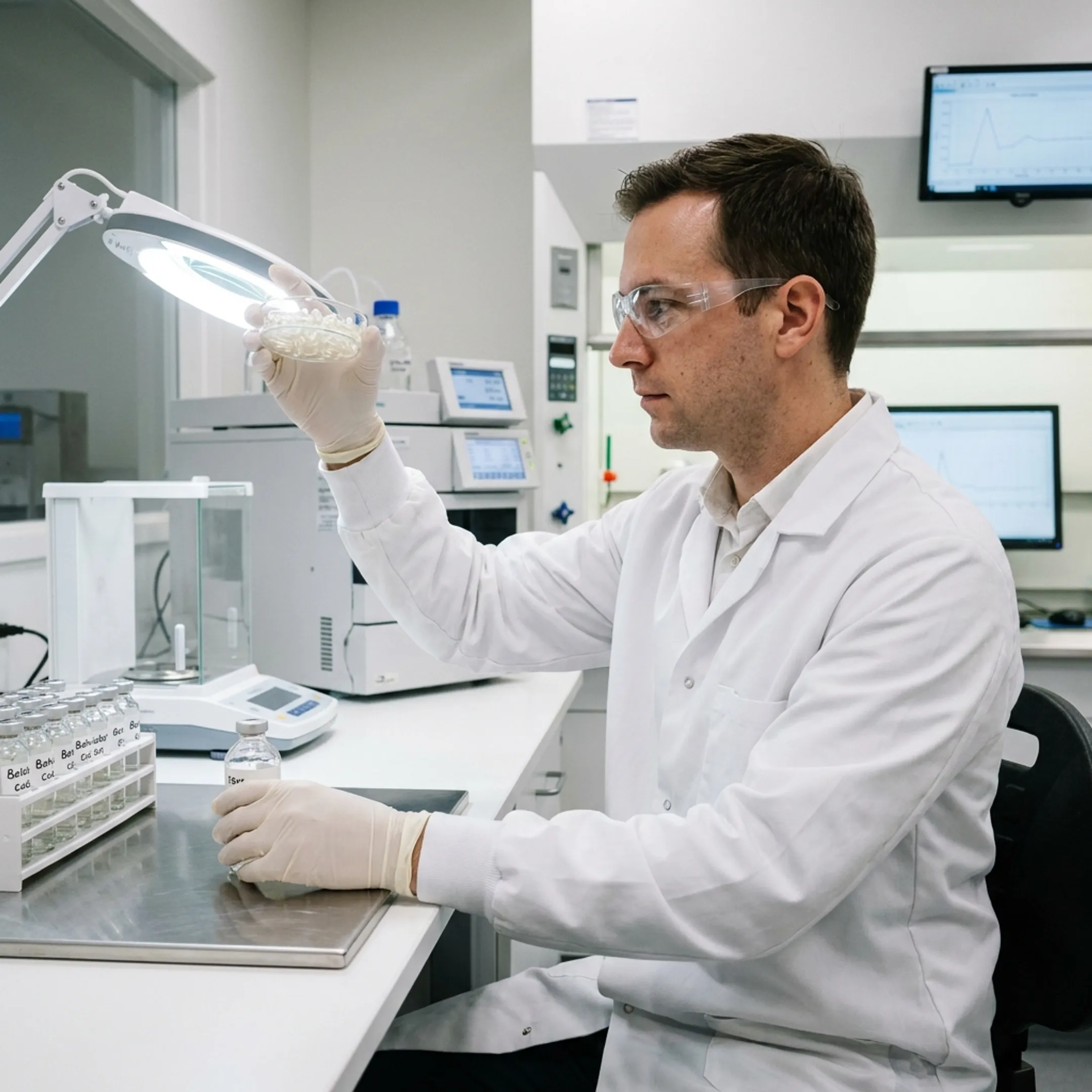 Scientist examining supplement capsules in a laboratory
