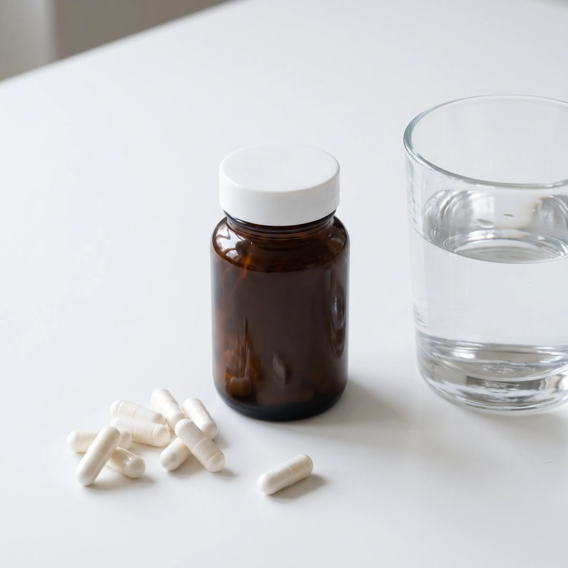 NMN supplement capsules beside a wellness glass of water