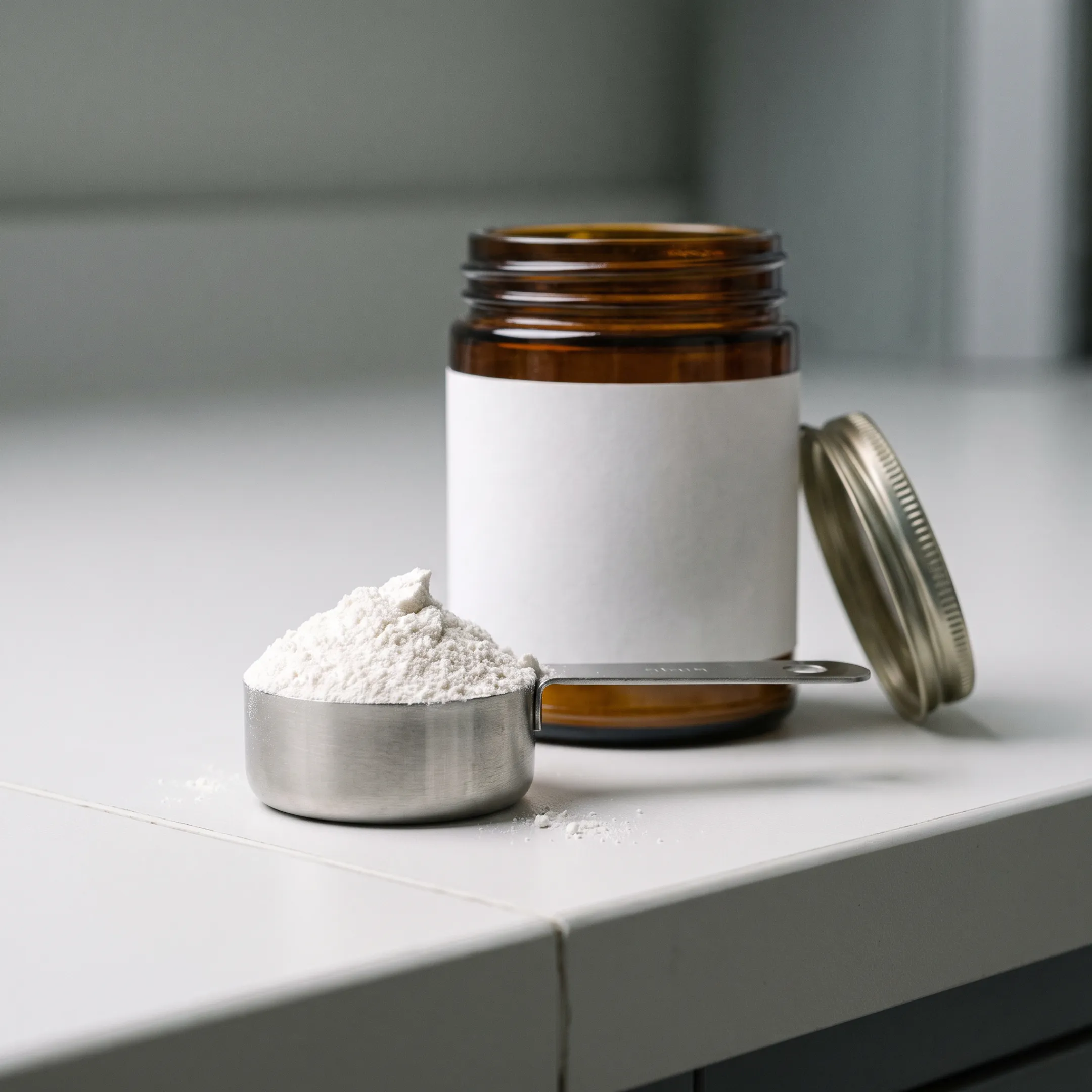 Scoop of pure NMN powder beside a supplement jar
