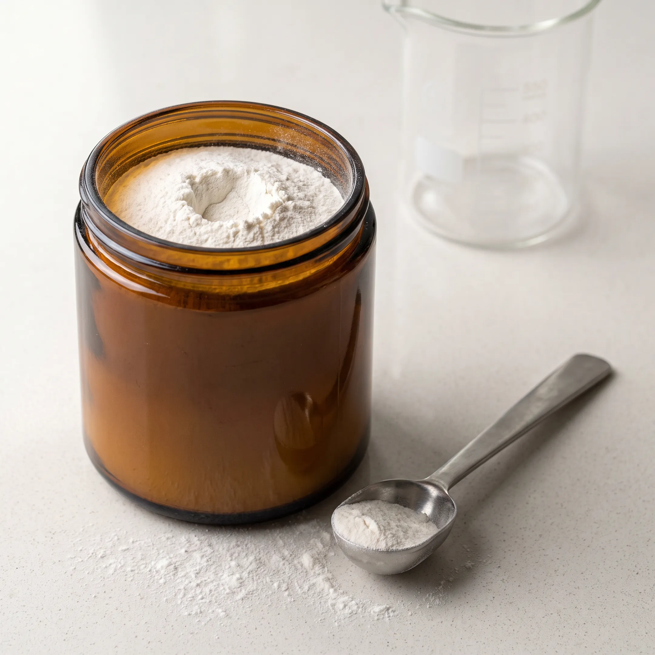 Pure NMN powder beside a measuring scoop