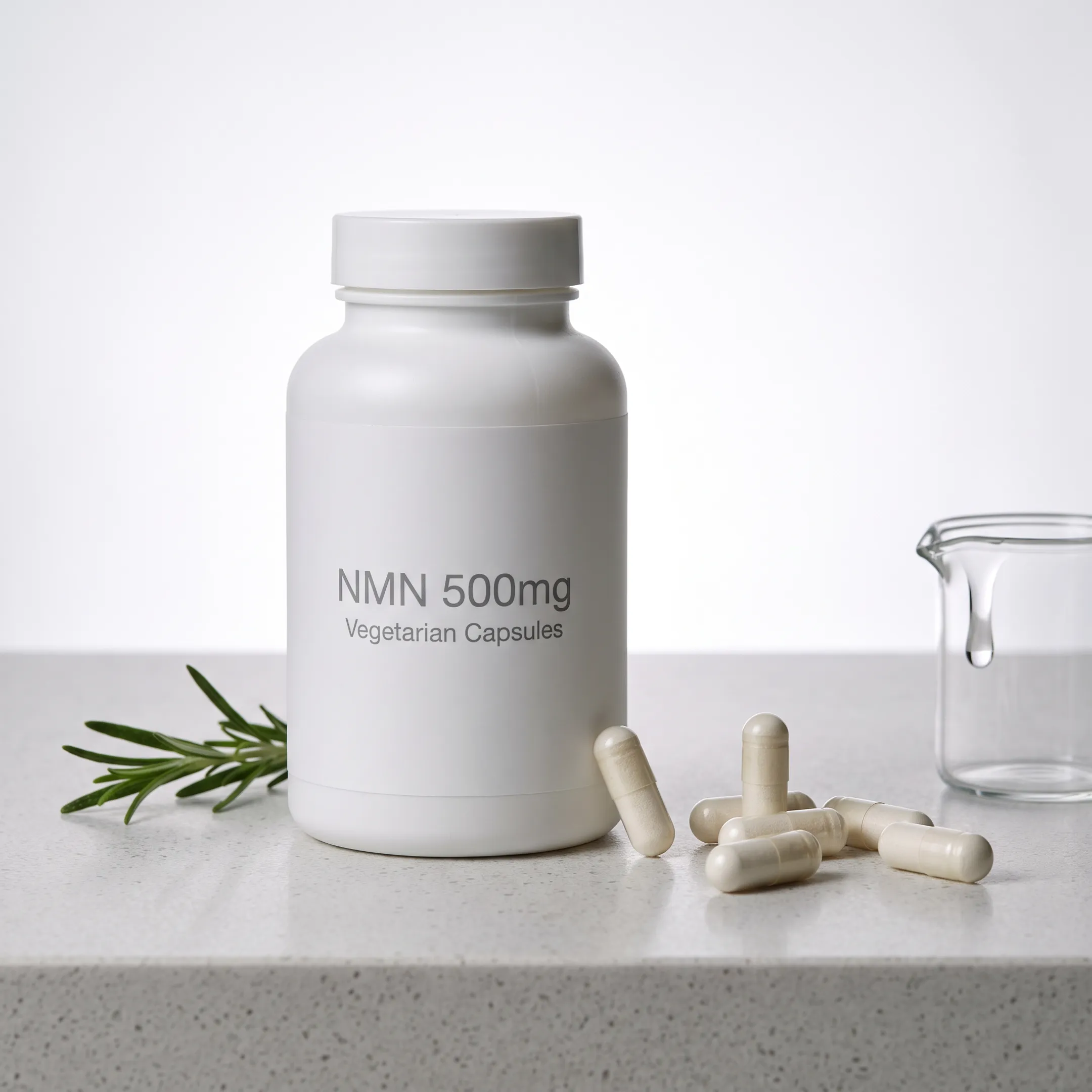 NMN 500mg vegetarian capsules in a supplement bottle