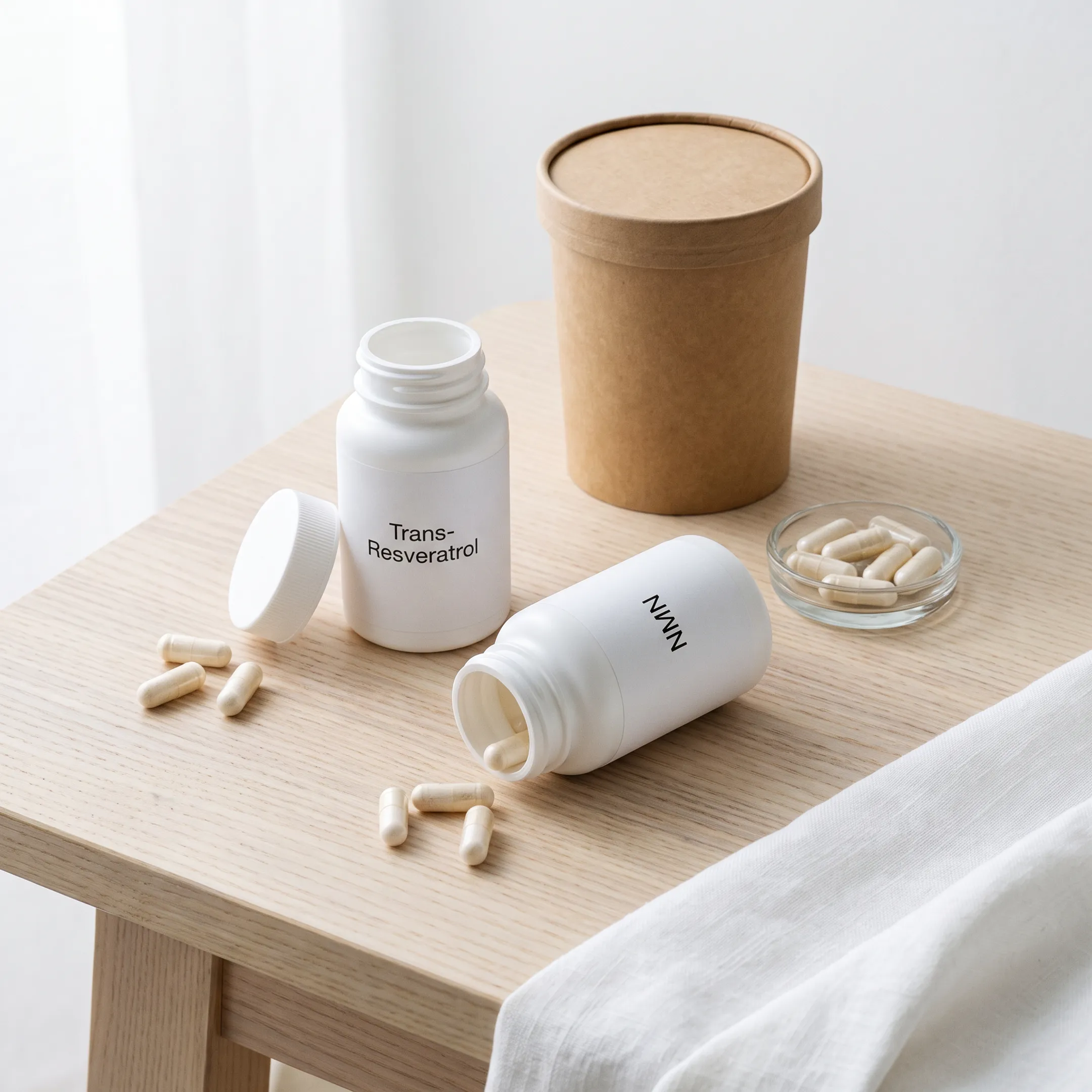NMN and resveratrol supplement bottles arranged for healthy aging
