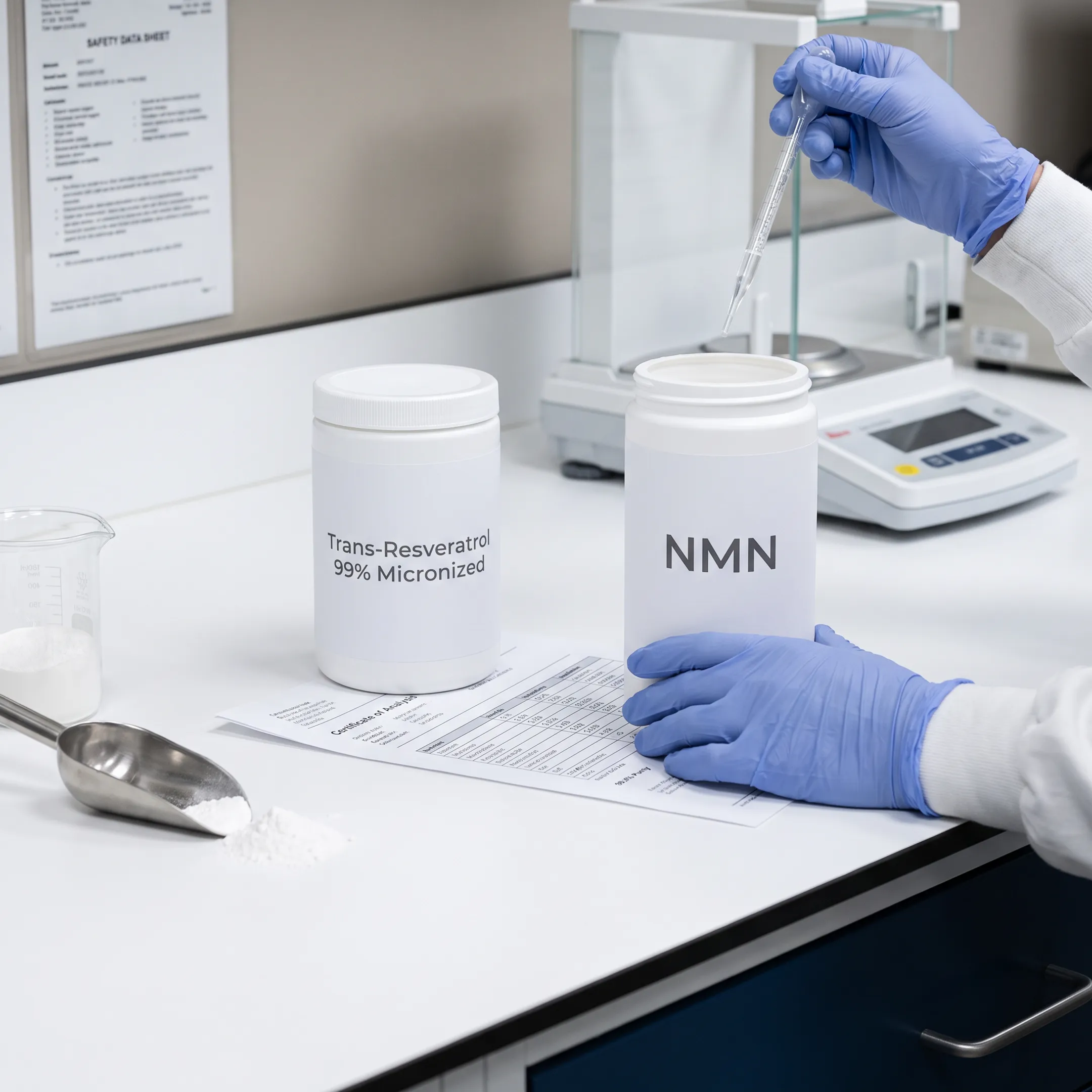 NMN and resveratrol products displayed beside quality testing documentation