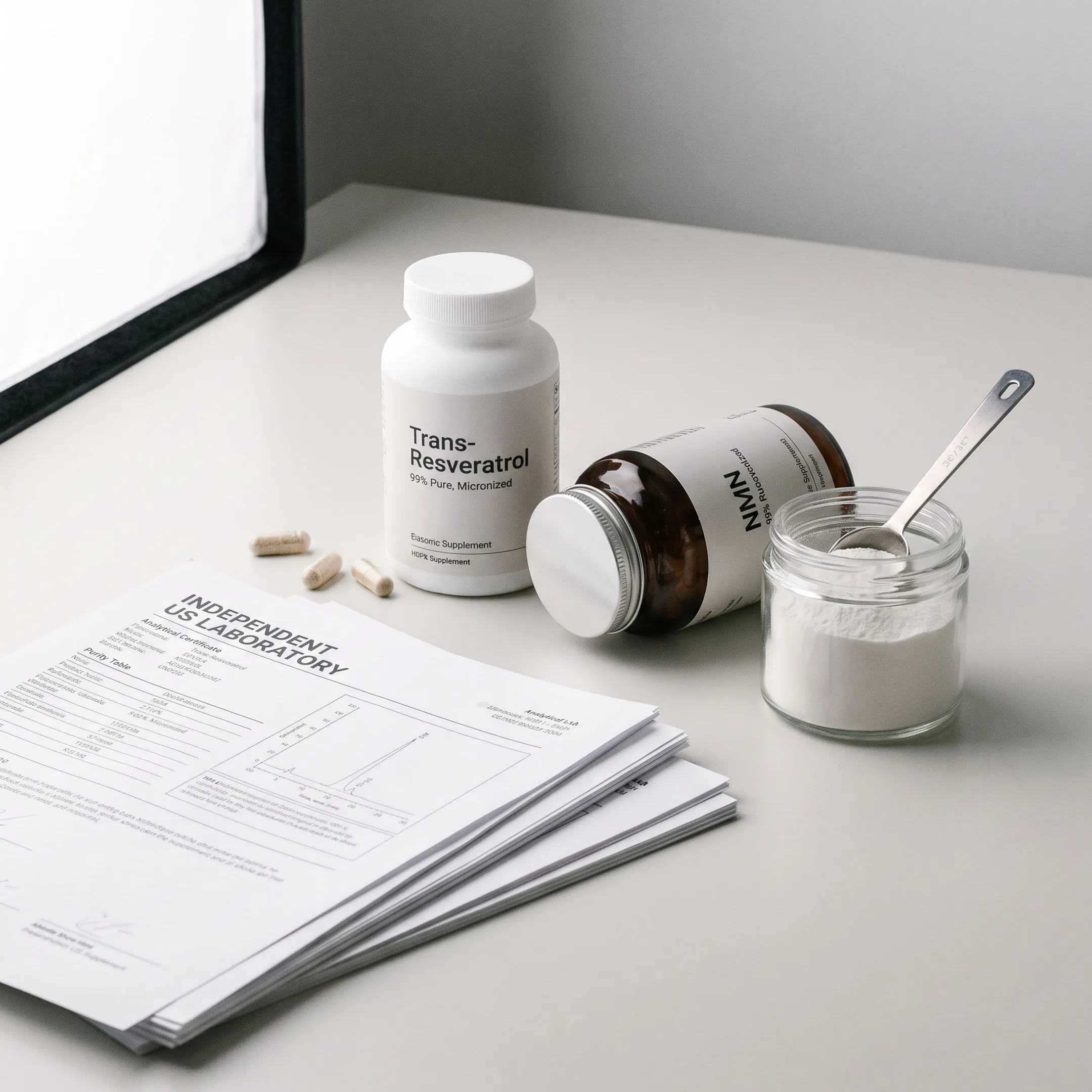NMN and trans-resveratrol products displayed with independent laboratory purity results