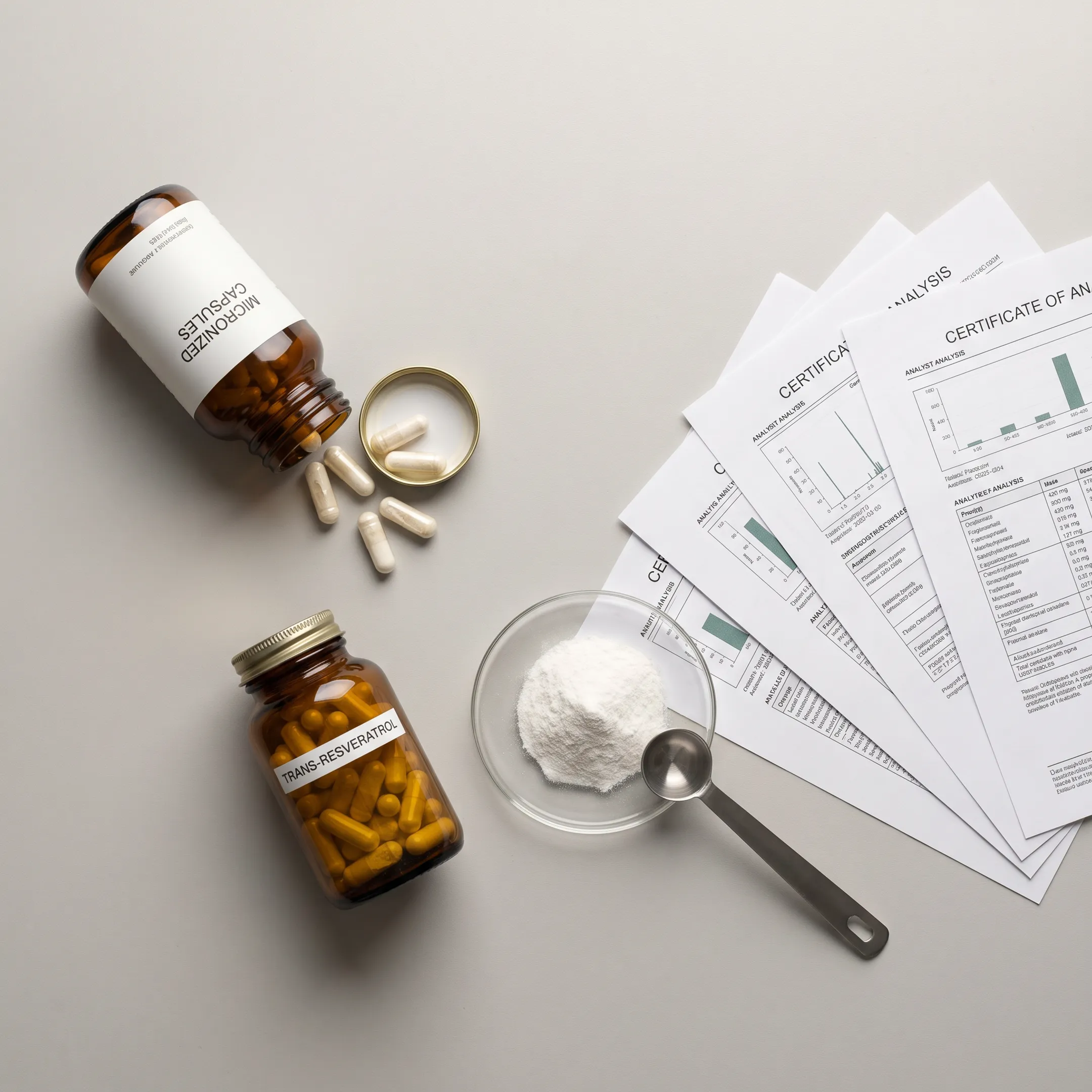 NMN and resveratrol supplement capsules and powder arranged beside laboratory testing documentation