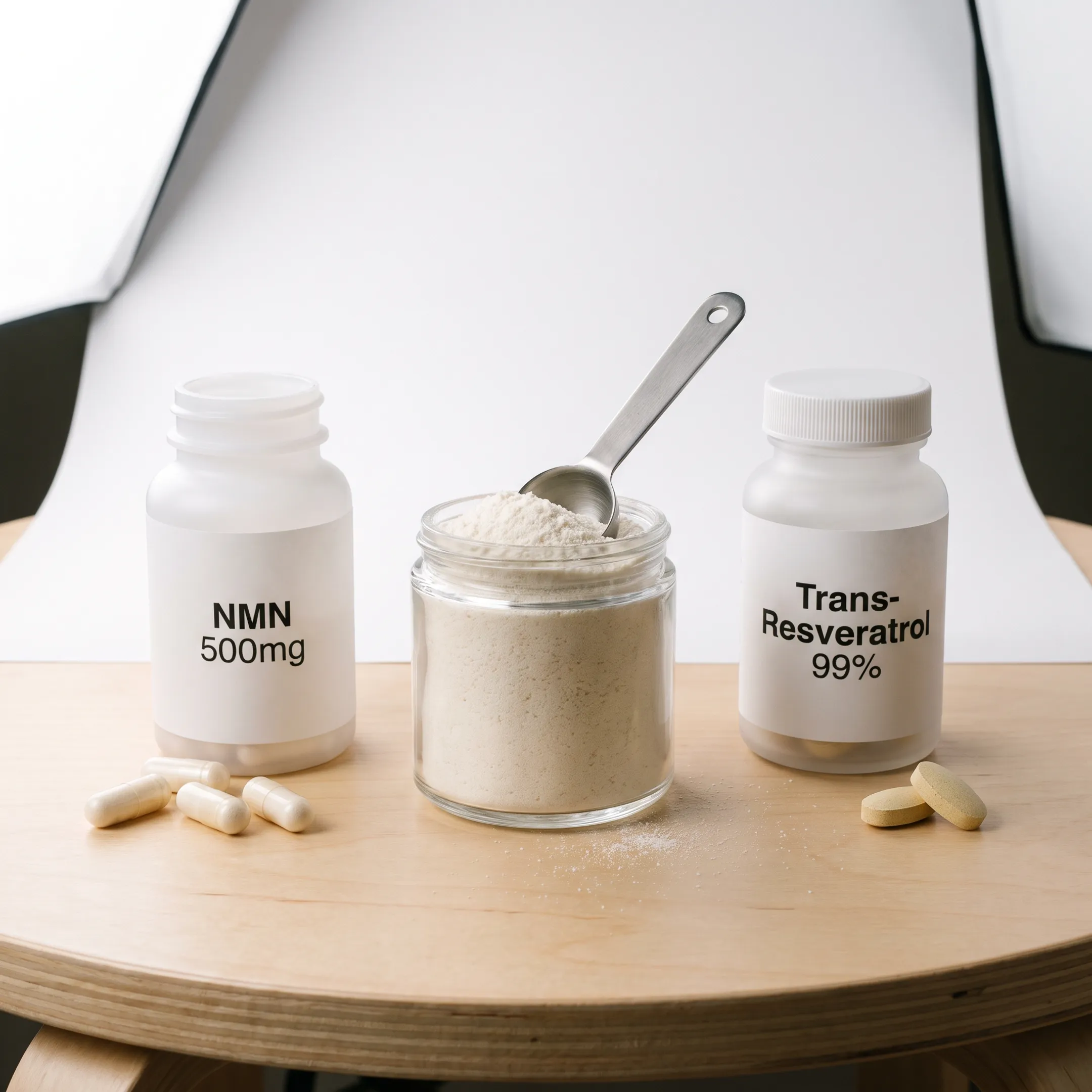NMN and trans-resveratrol products displayed together