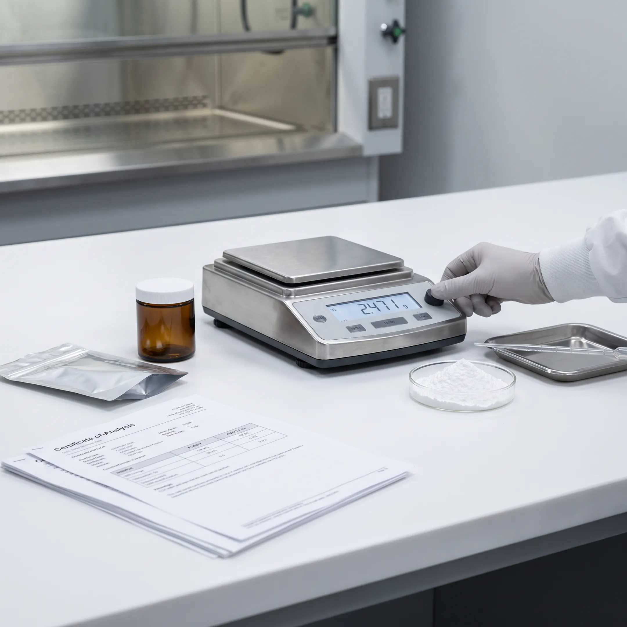 Bulk NMN powder supplement in a laboratory container
