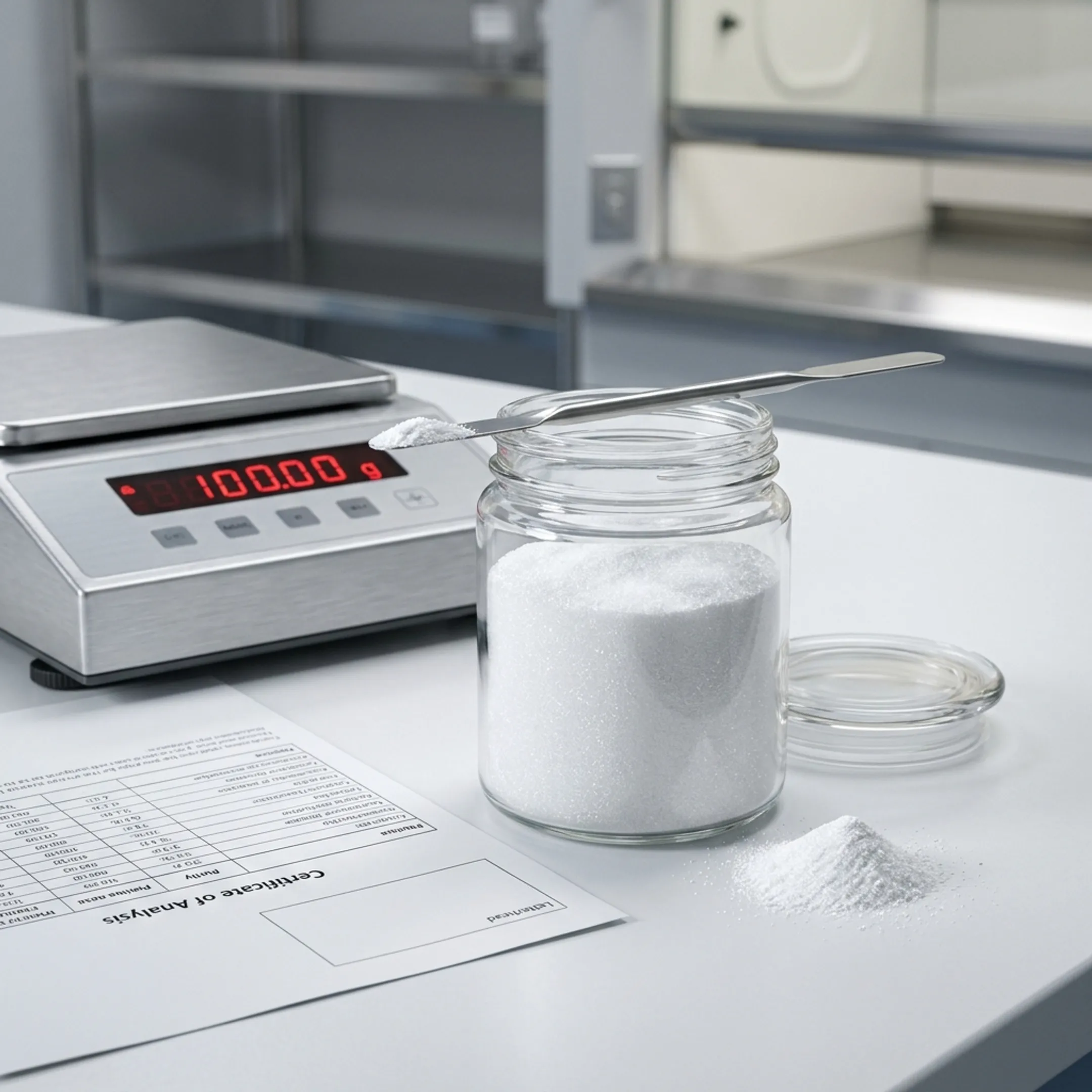 Bulk NMN powder in a laboratory container