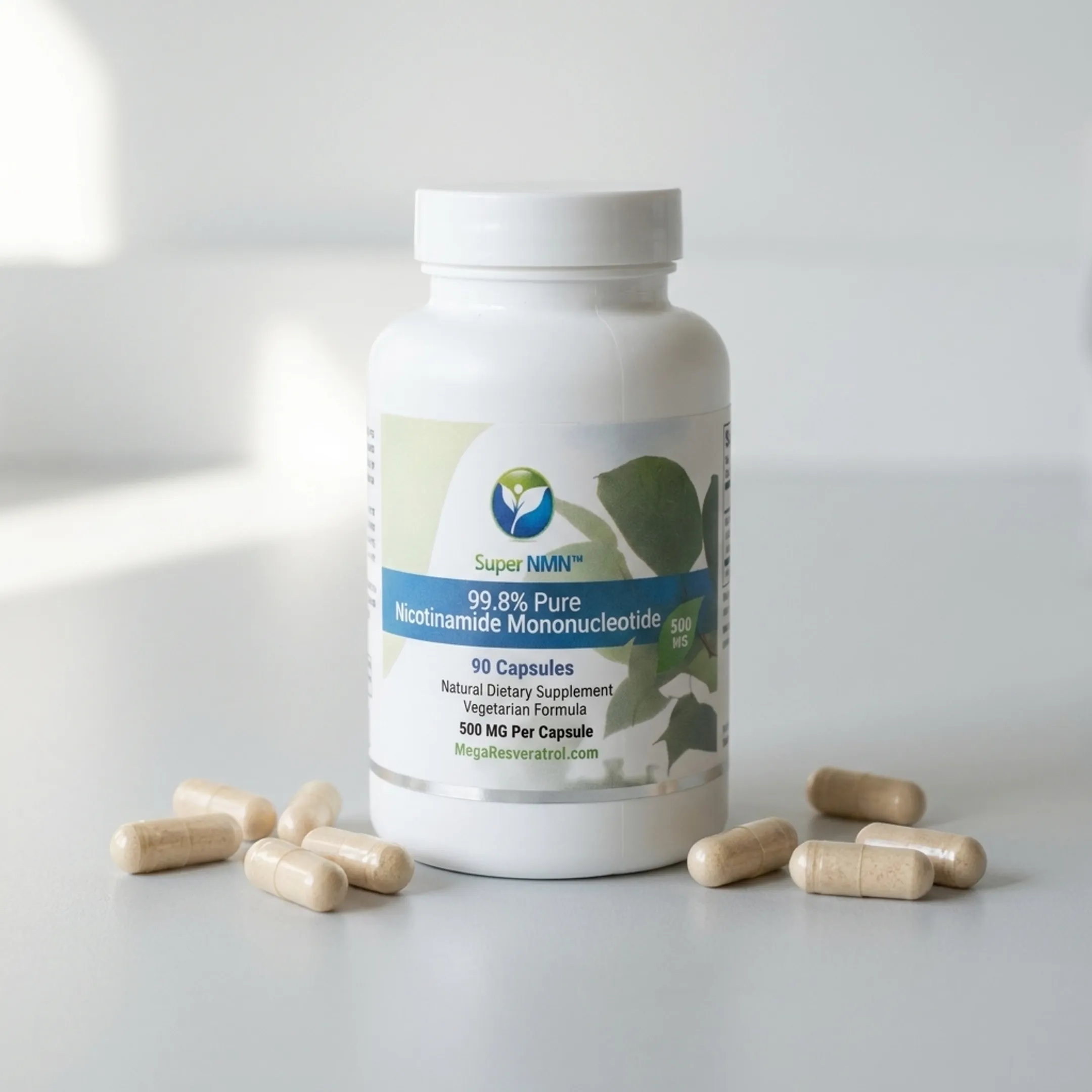 Bottle of NMN capsules beside loose capsules