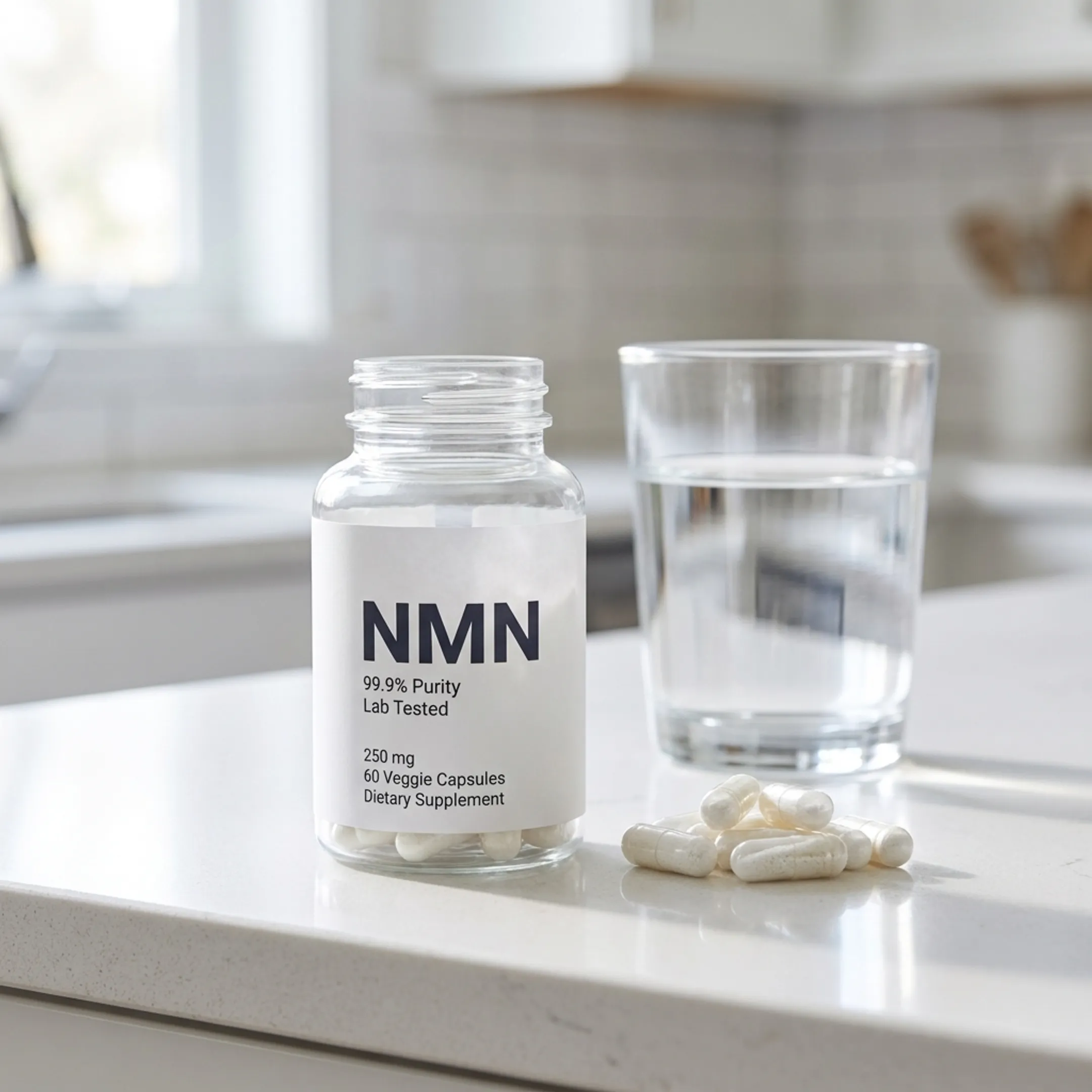 NMN capsules and supplement bottle on countertop