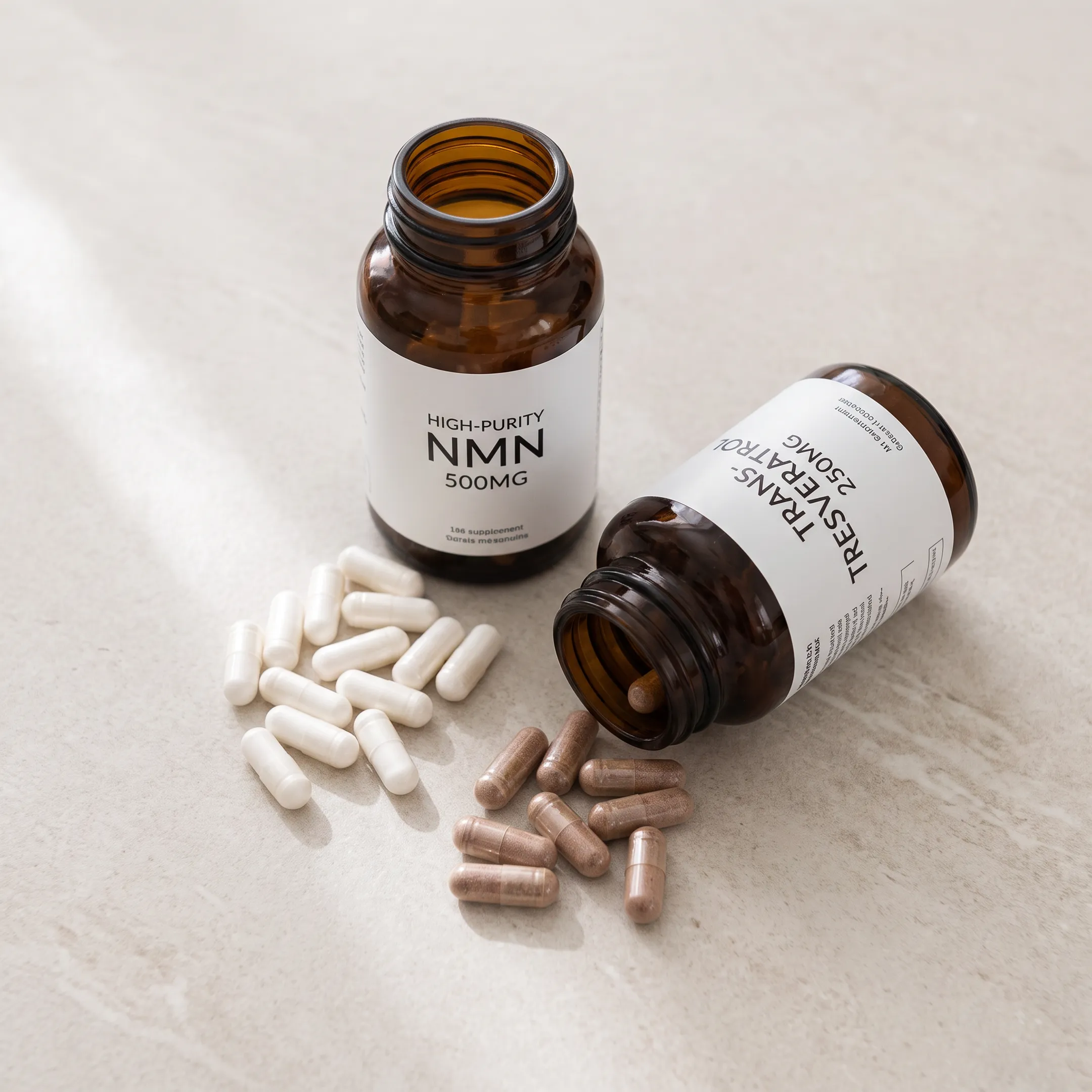 NMN and resveratrol supplement capsules with product packaging