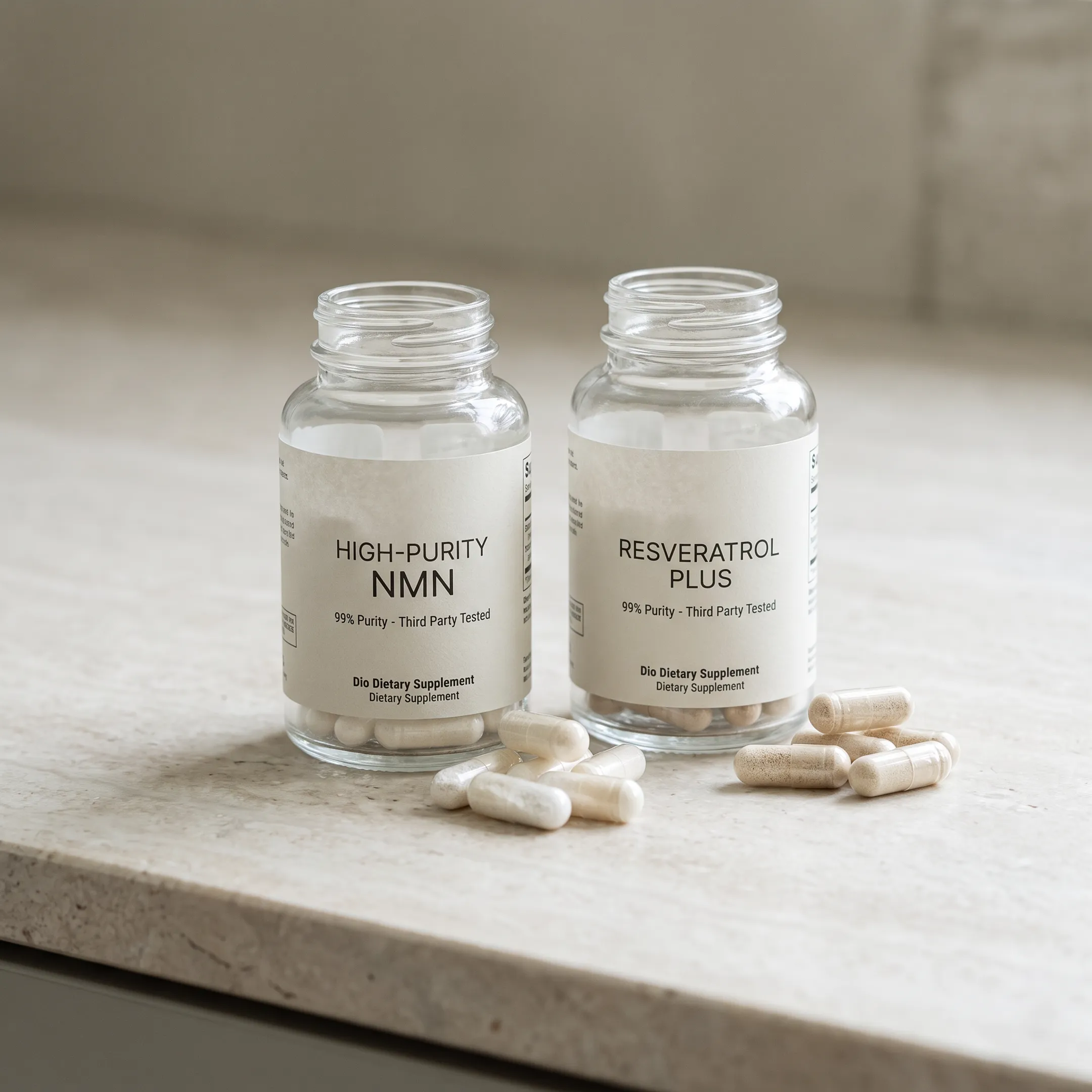 NMN and resveratrol supplement capsules beside product packaging