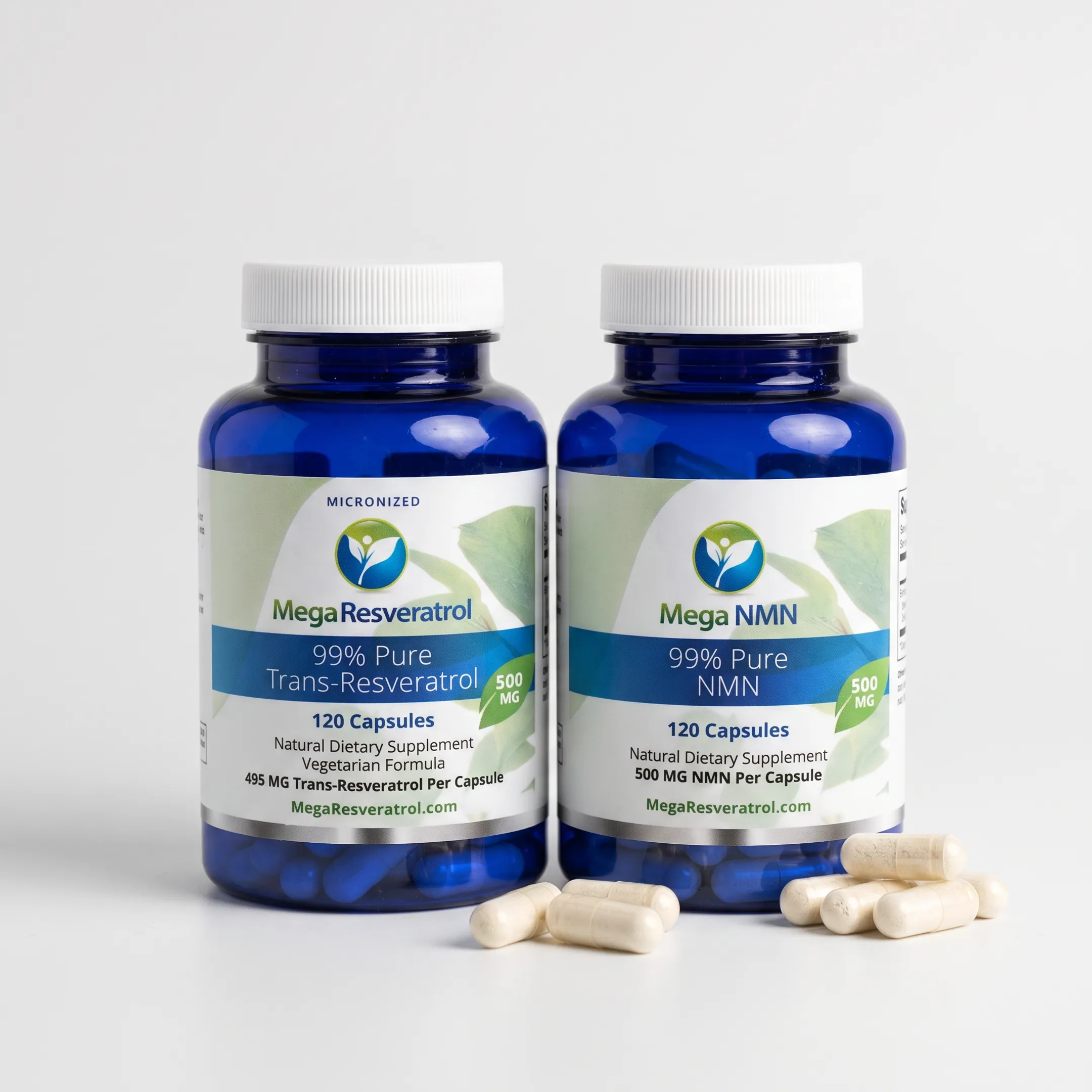NMN 500 mg capsules and high-purity resveratrol supplements