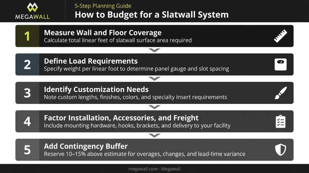Five-step retail shelving budget estimation process from measurement to contingency planning