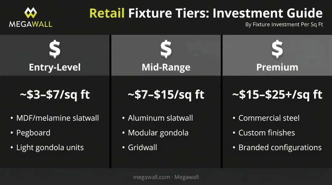 Three-tier retail shelving fixture cost comparison from entry to premium level