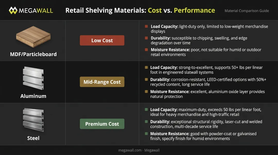 Retail shelving material comparison chart MDF aluminum and steel cost versus performance