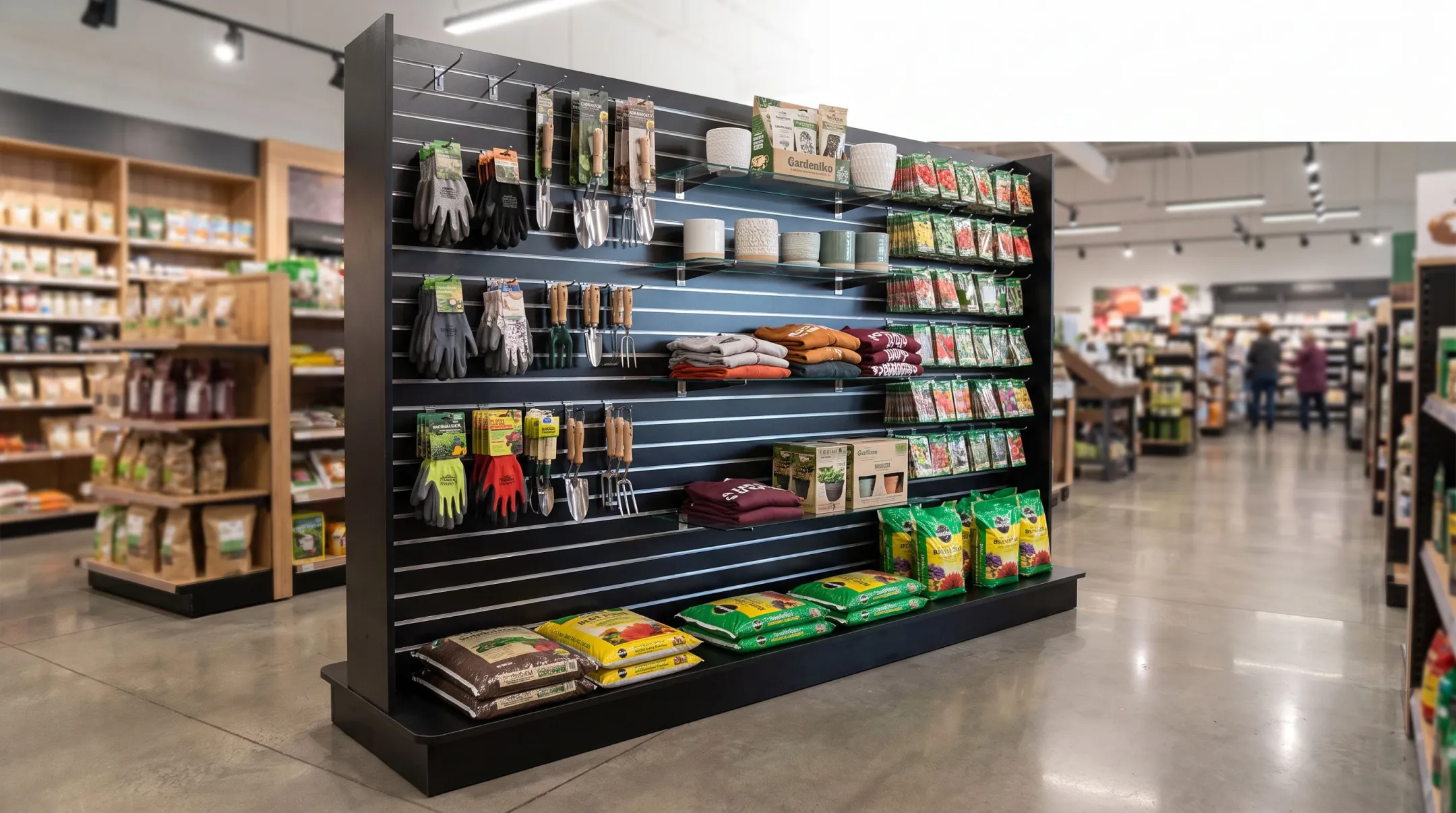 Steel slatwall retail fixture displaying merchandise with hidden fastener design