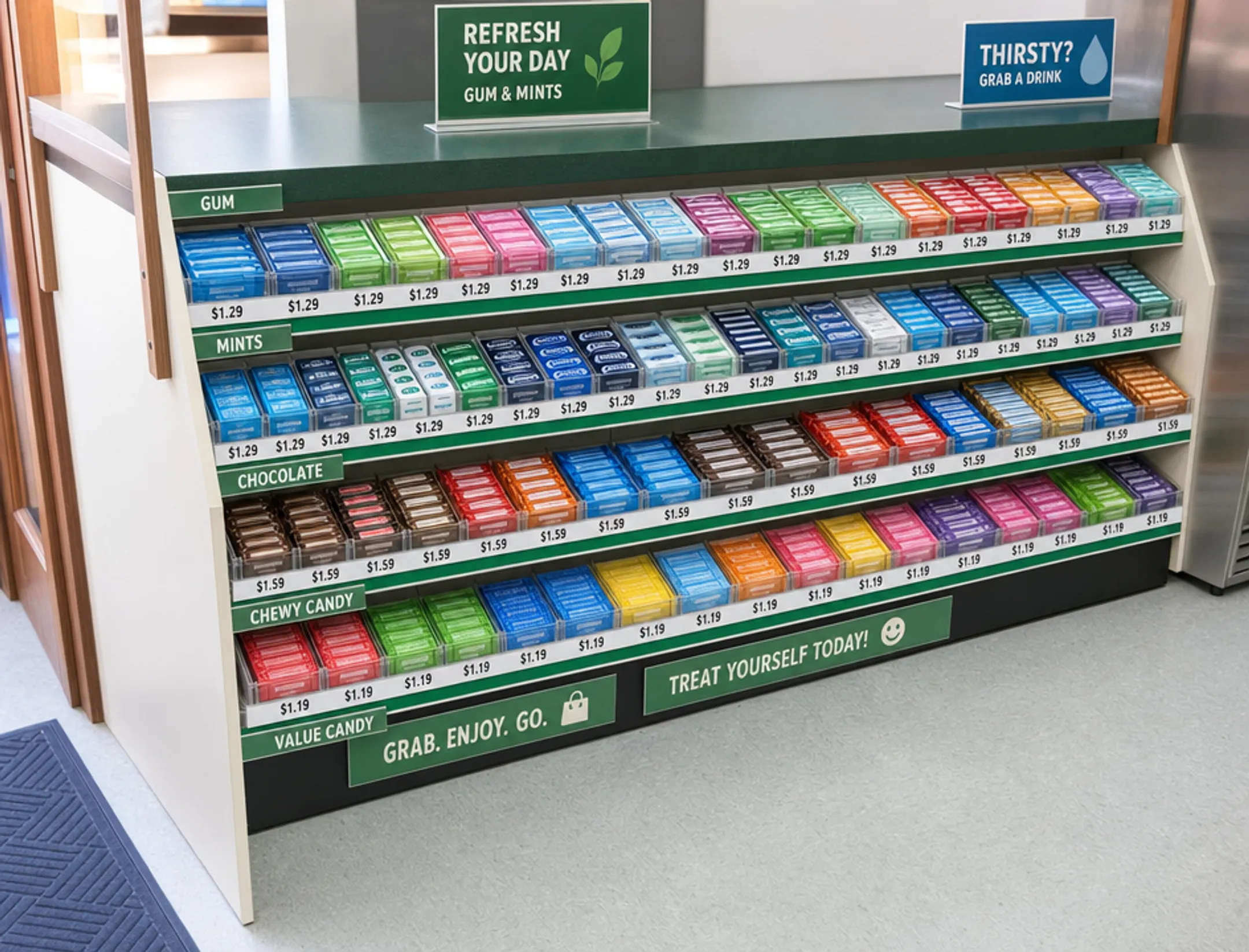 Well-organized retail checkout impulse display with clear pricing signage