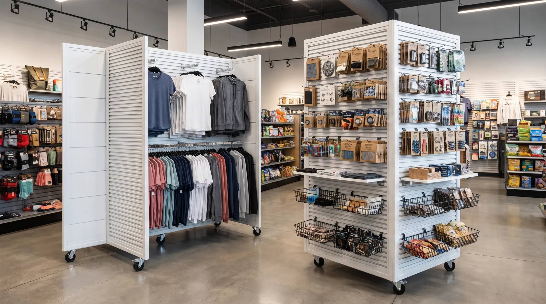 Slatwall display fixtures with L-Frame and Pinwheel configurations for retail