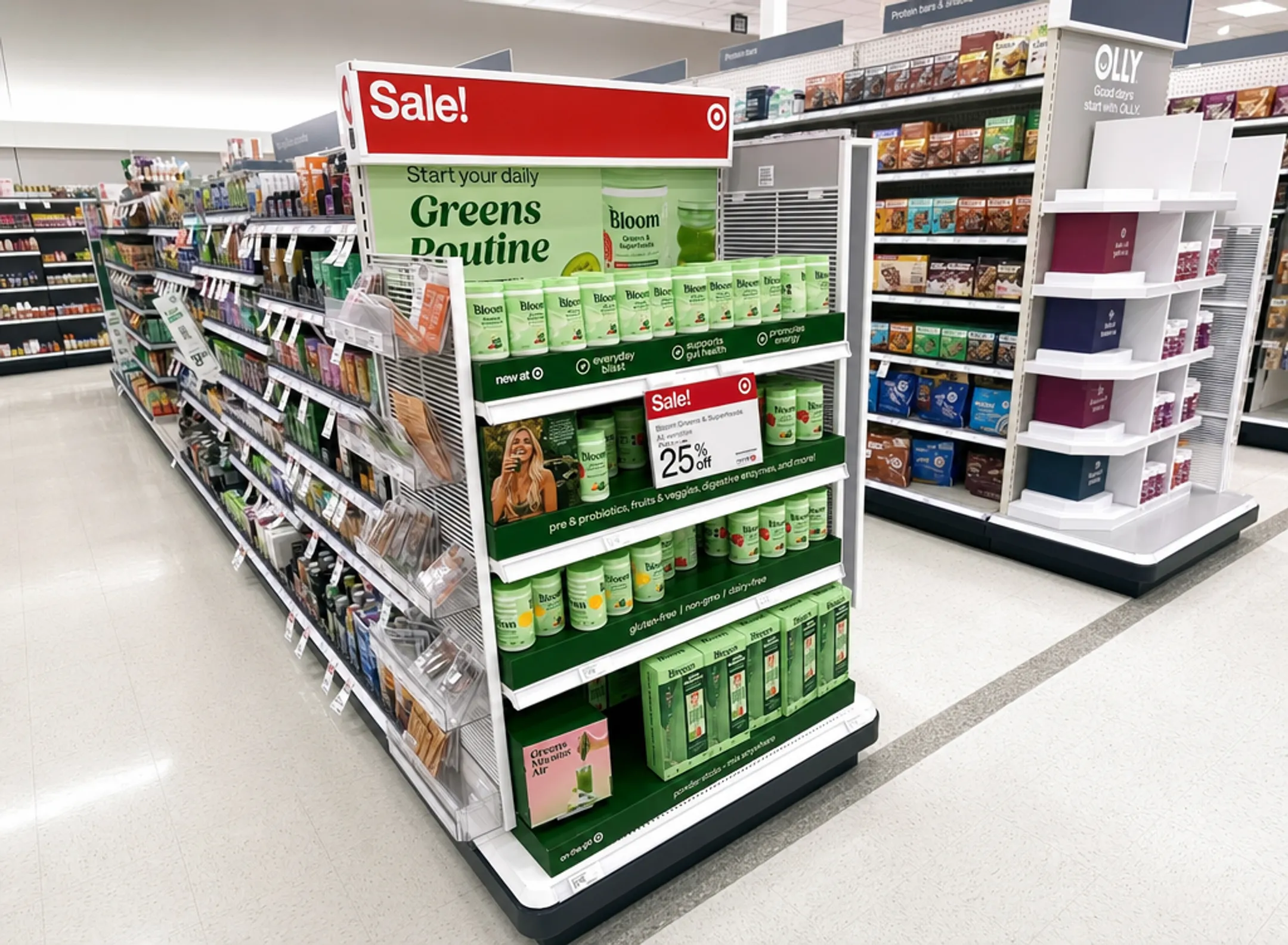Retail end cap power display driving impulse purchases in aisle