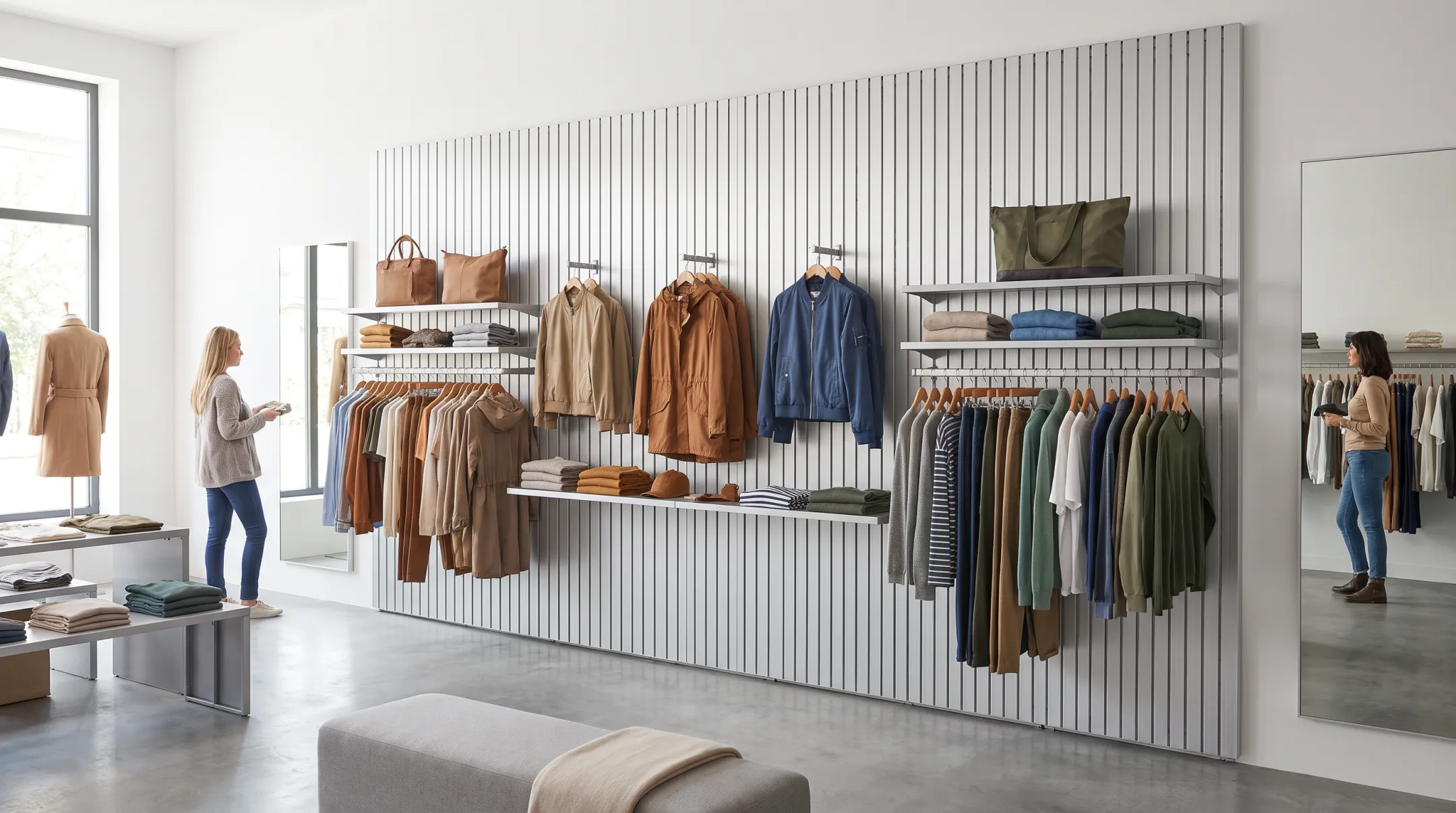 Modular steel slatwall system installed as retail feature wall display