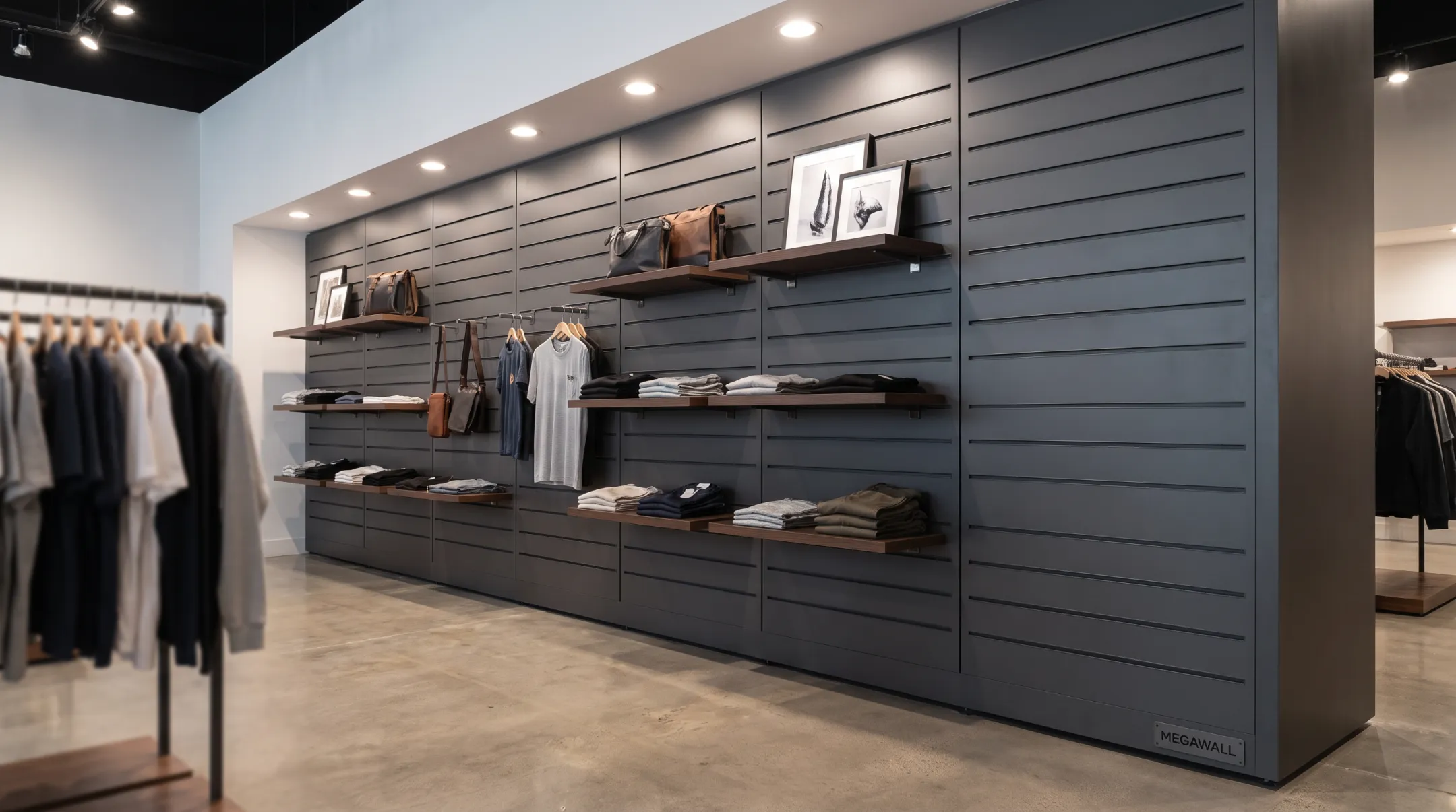Steel slatwall display fixture with hidden fasteners in retail store