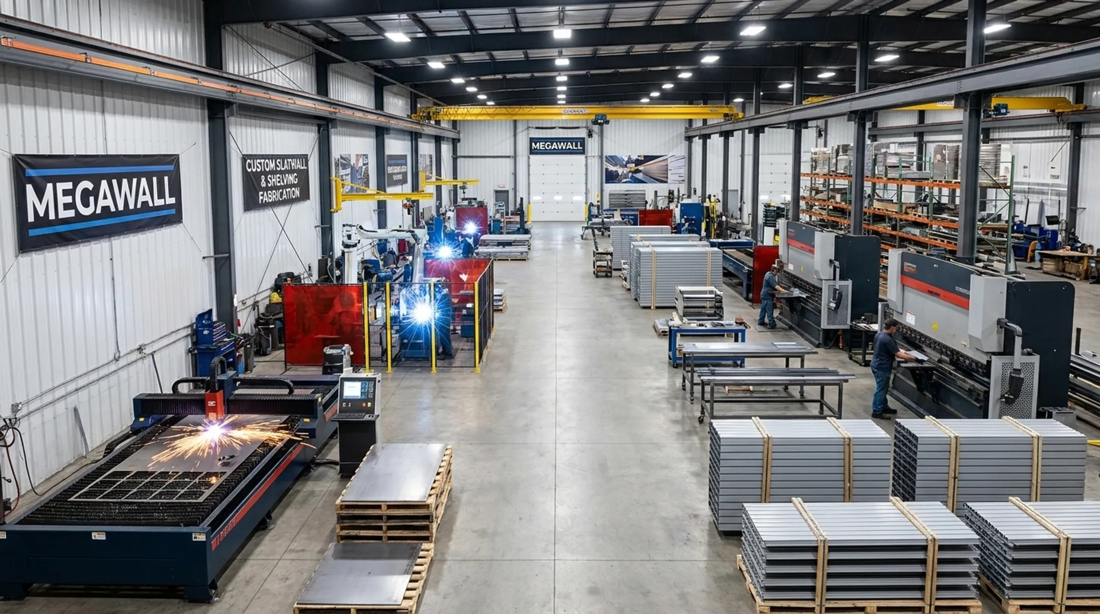 Megawall fabrication facility floor with steel and aluminum slatwall production
