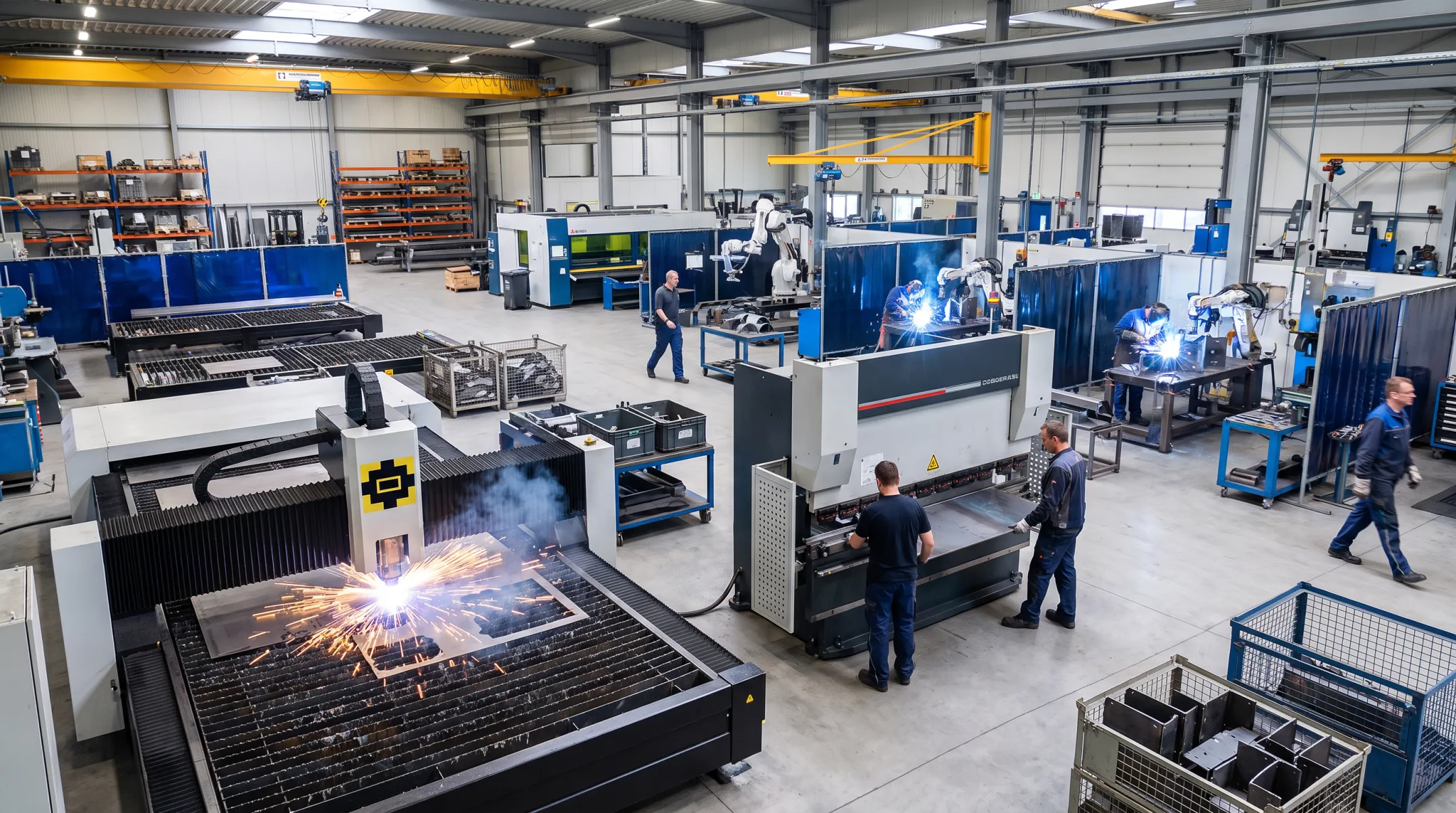 Metal fabrication facility floor with laser cutting and welding equipment