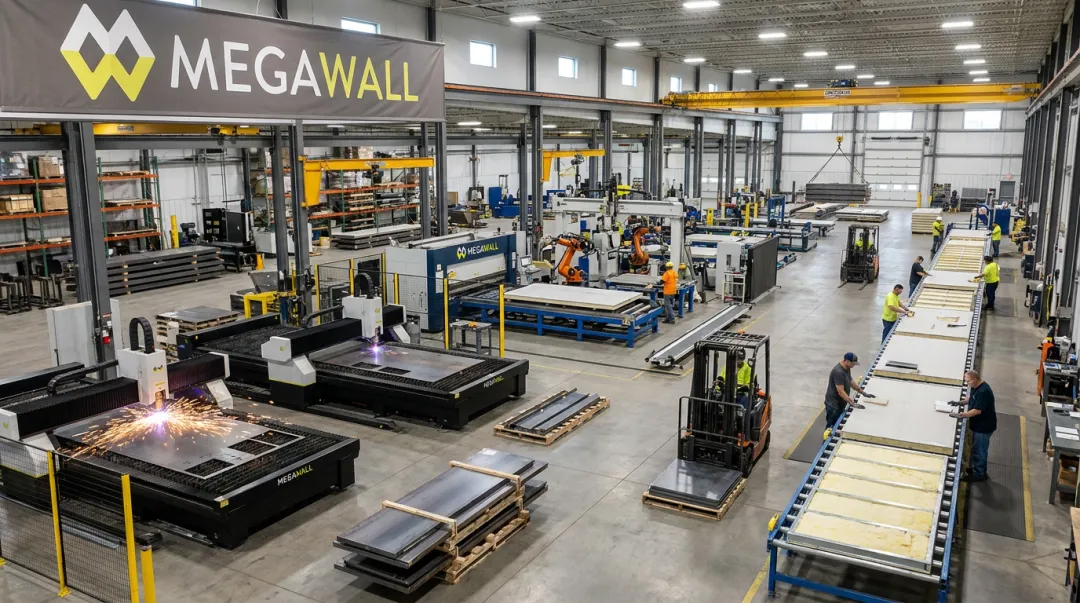 Megawall fabrication facility production floor showing metal slatwall manufacturing operations