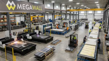 Megawall fabrication facility production floor showing metal slatwall manufacturing operations