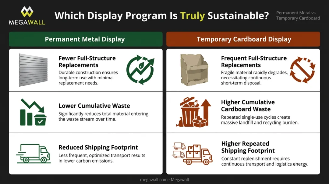 Permanent metal displays versus single-use cardboard sustainability comparison infographic