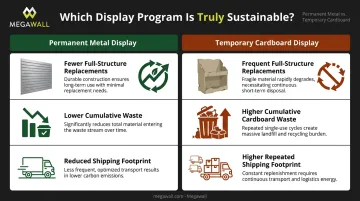 Permanent metal displays versus single-use cardboard sustainability comparison infographic