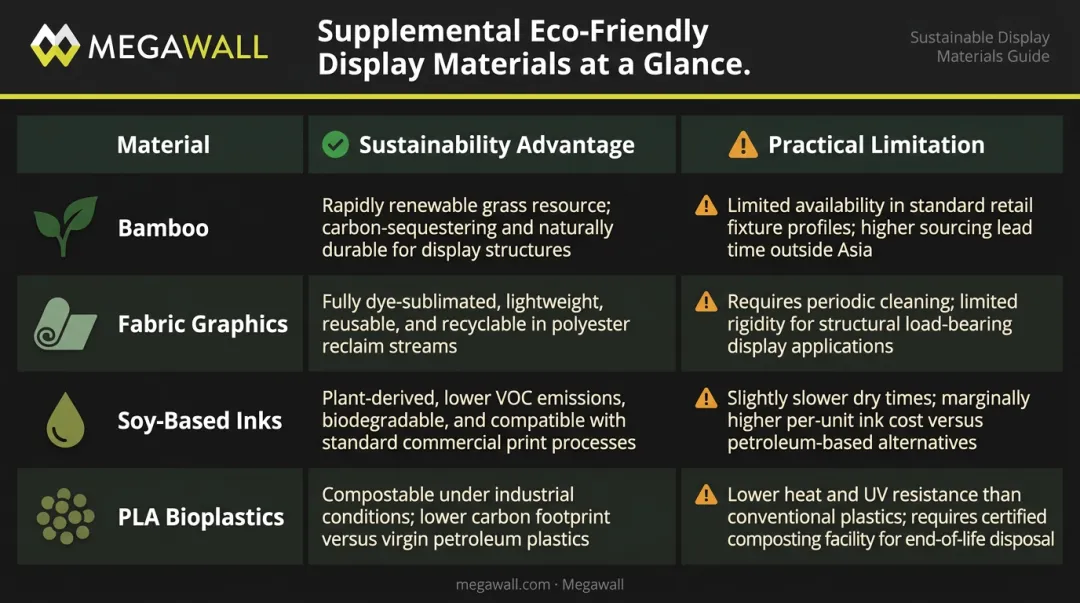 Eco-friendly retail display materials comparison chart sustainability advantages and limitations