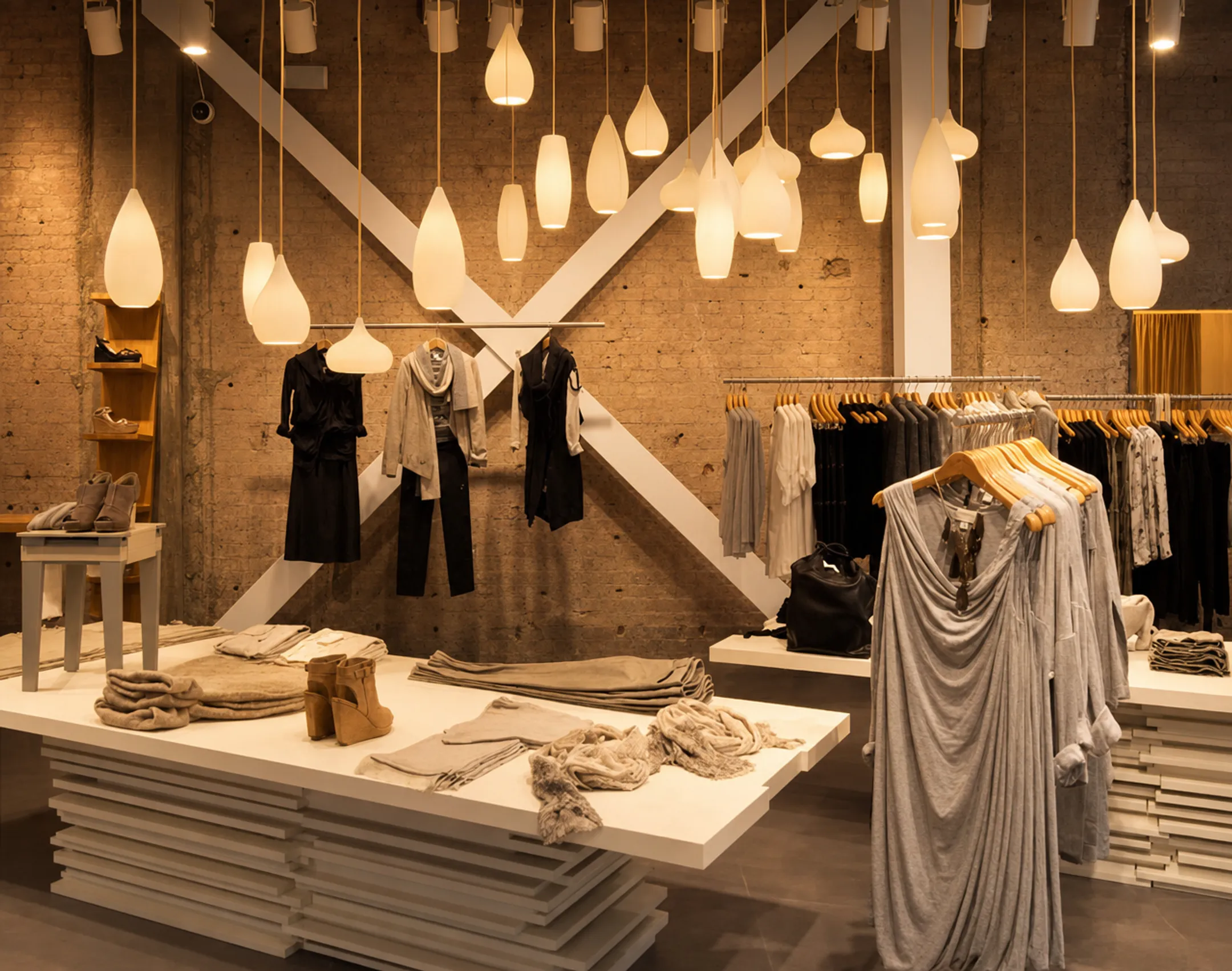 Warm boutique lighting highlighting merchandise displays and dressing area