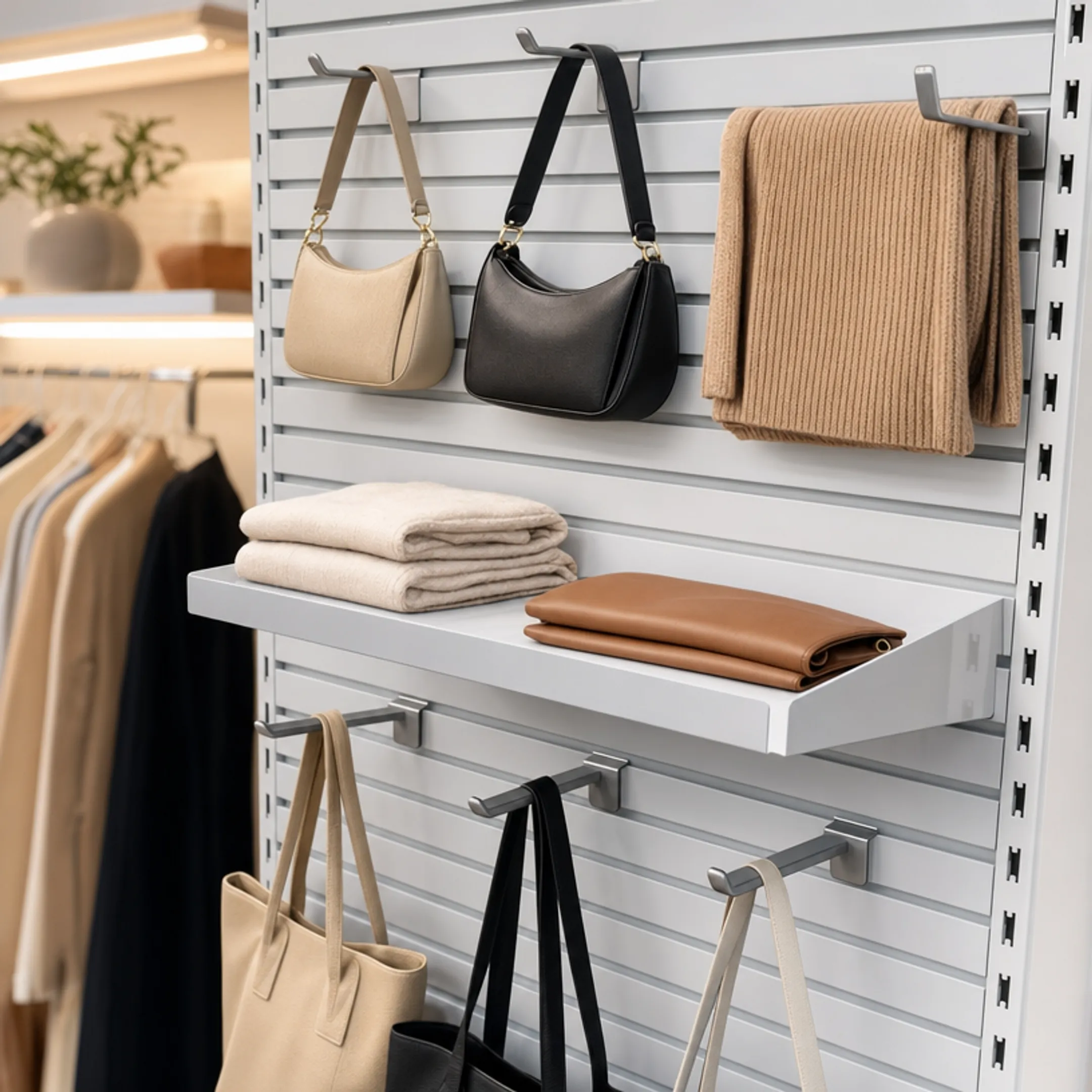 Steel slatwall retail display holding merchandise without sagging shelves