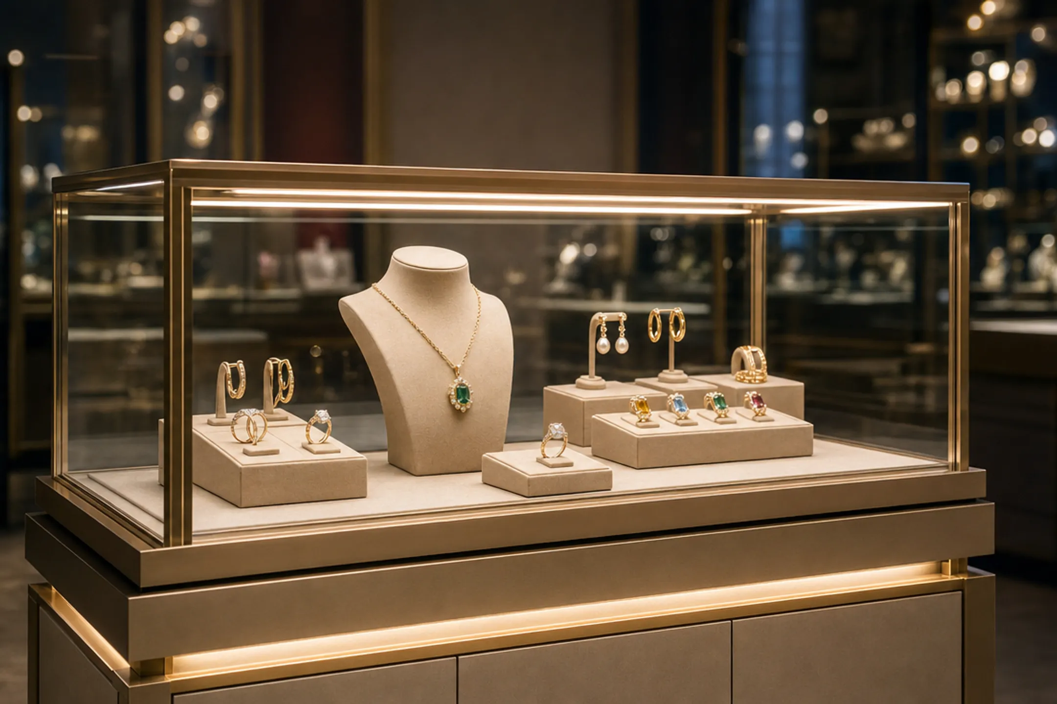 Jewelry and cosmetics displayed under high CRI accurate color rendering lights
