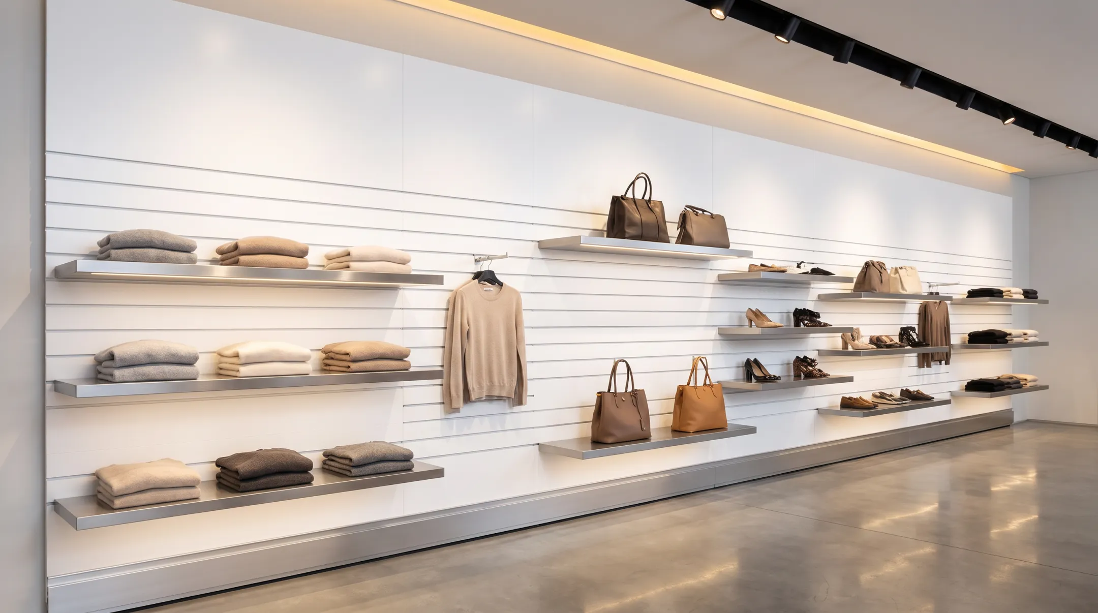 Megawall slatwall display system with hidden fasteners and accent lighting