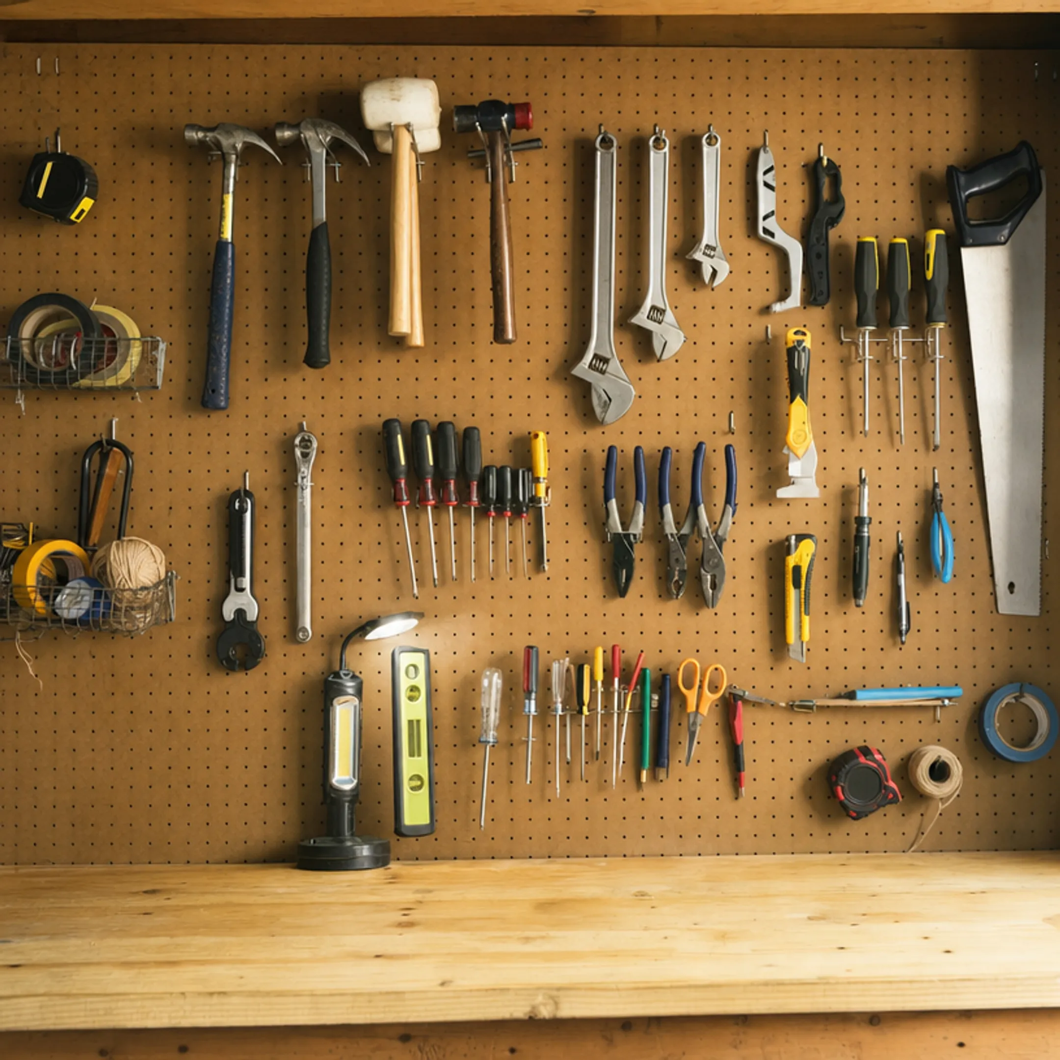Wooden pegboard wall with tools hanging in workshop garage