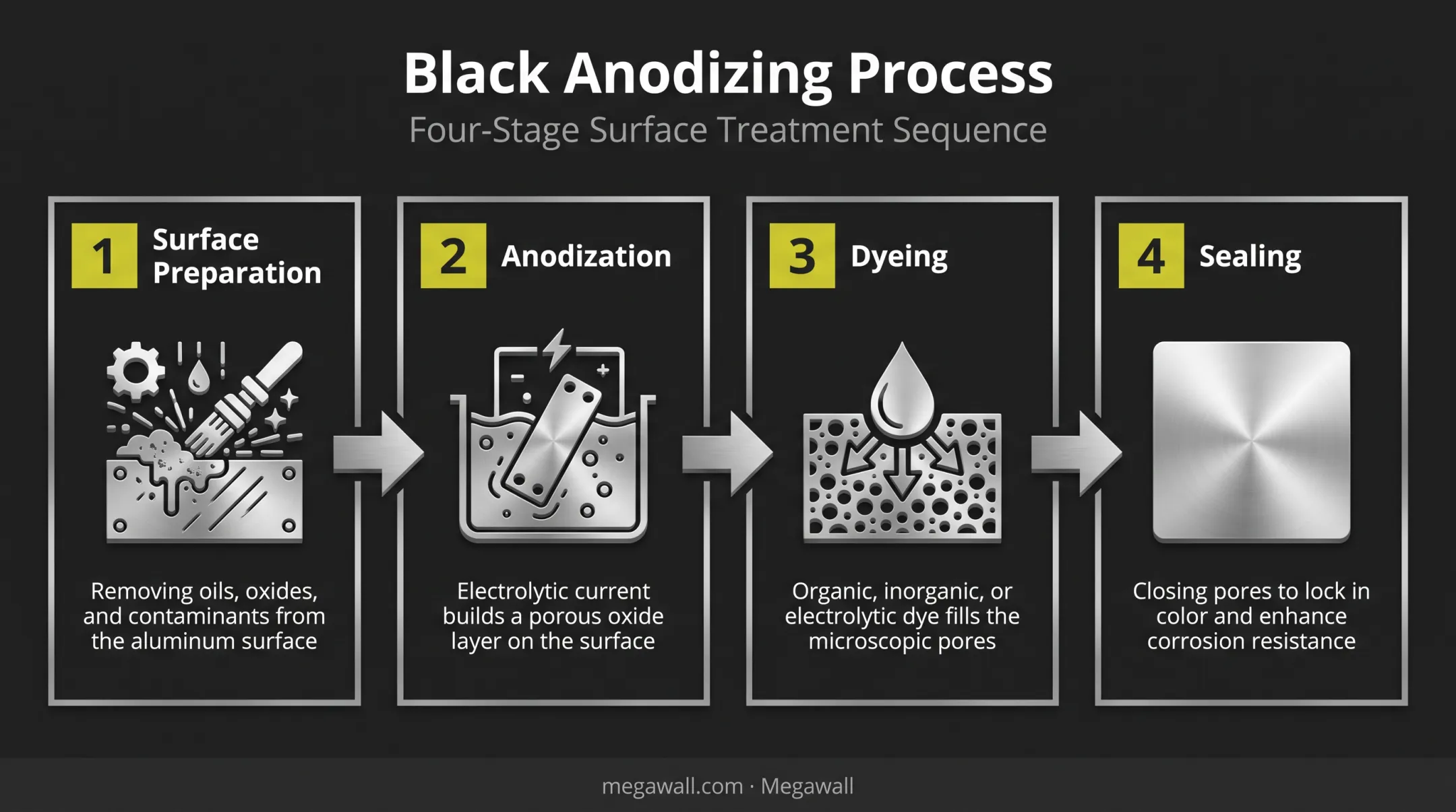 Four-stage black anodizing process from cleaning to sealing