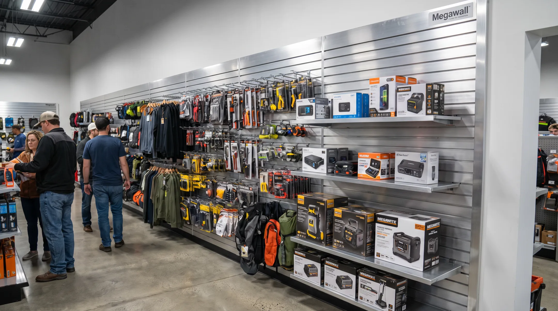 Steel and aluminum slatwall display system installed in retail store