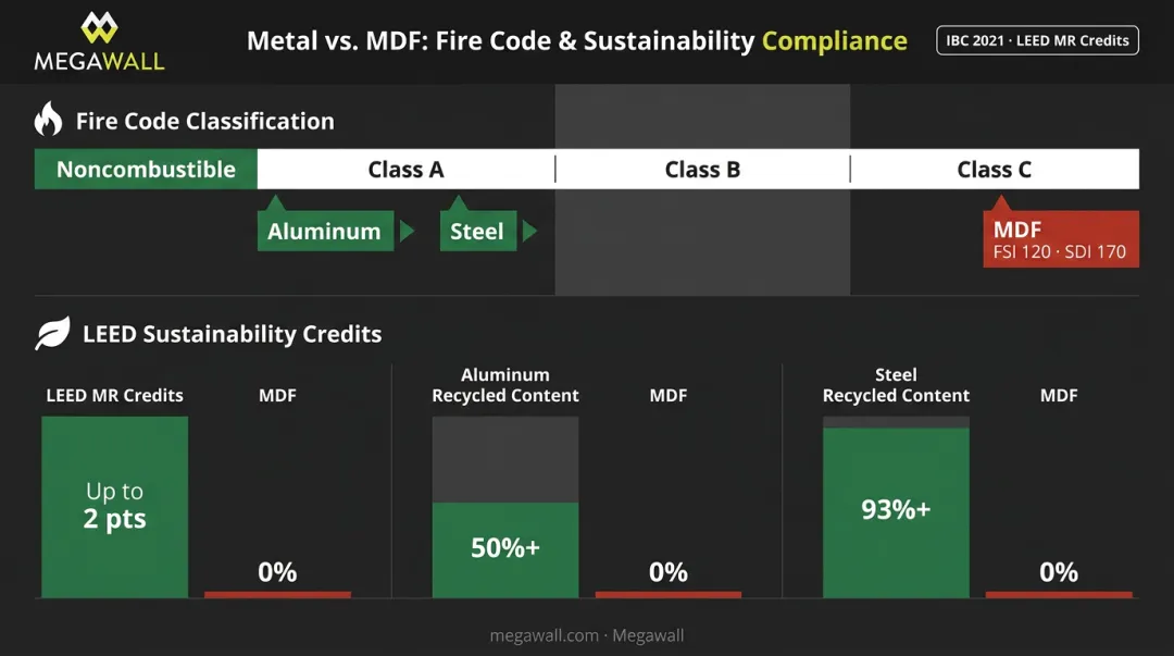 LEED certification fire code compliance metal versus MDF interior finish classification breakdown