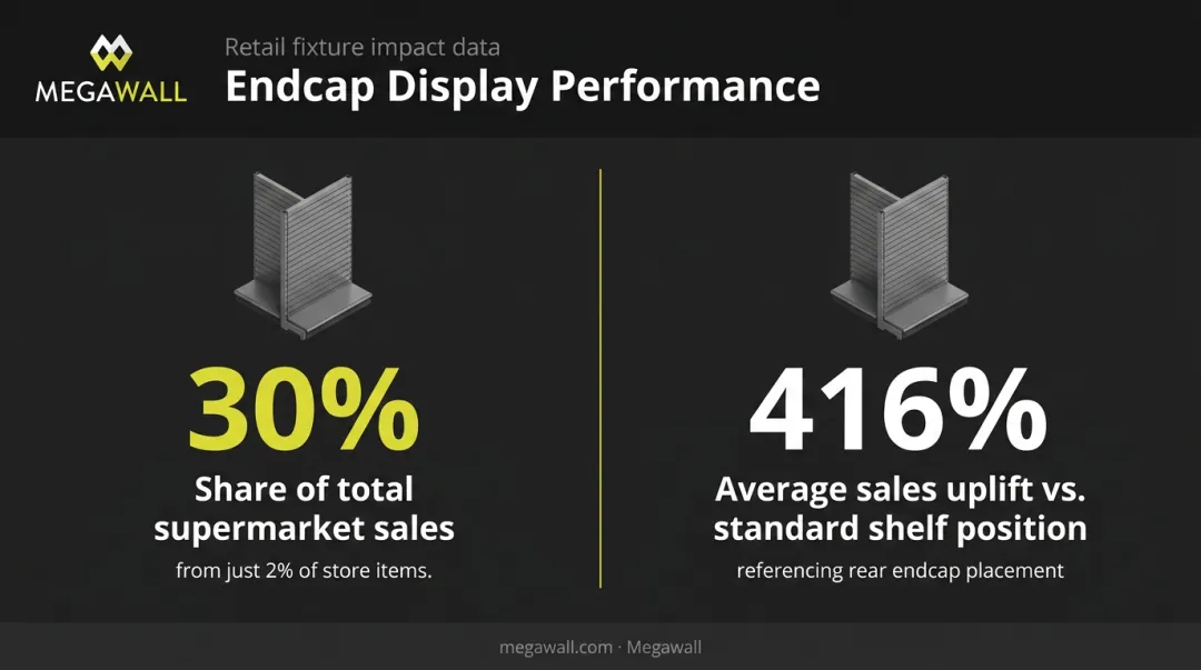 Endcap display sales impact statistics 30 percent sales share and 416 percent uplift