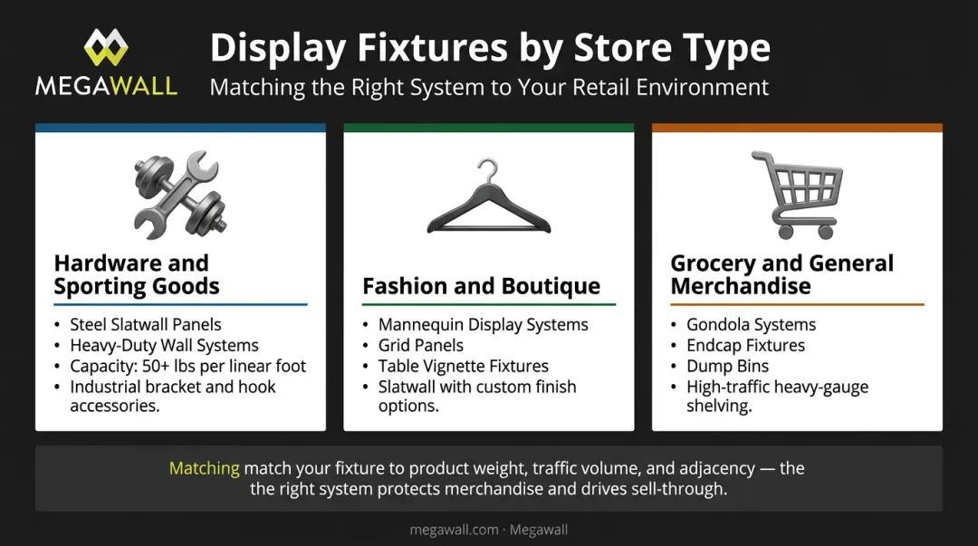 Retail store type to visual merchandising display type matching guide infographic