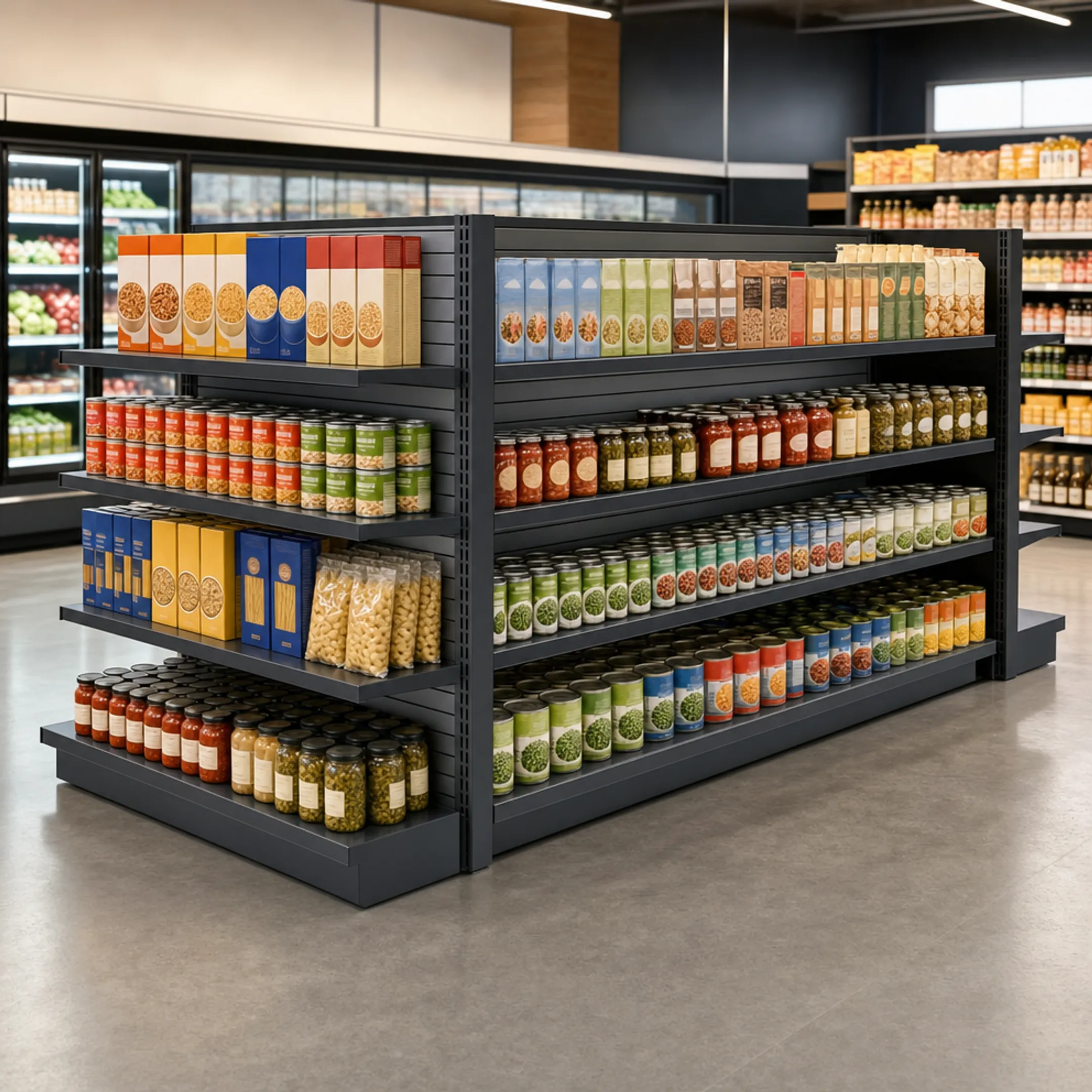 Retail gondola shelving with steel slatwall and hidden fastener panels