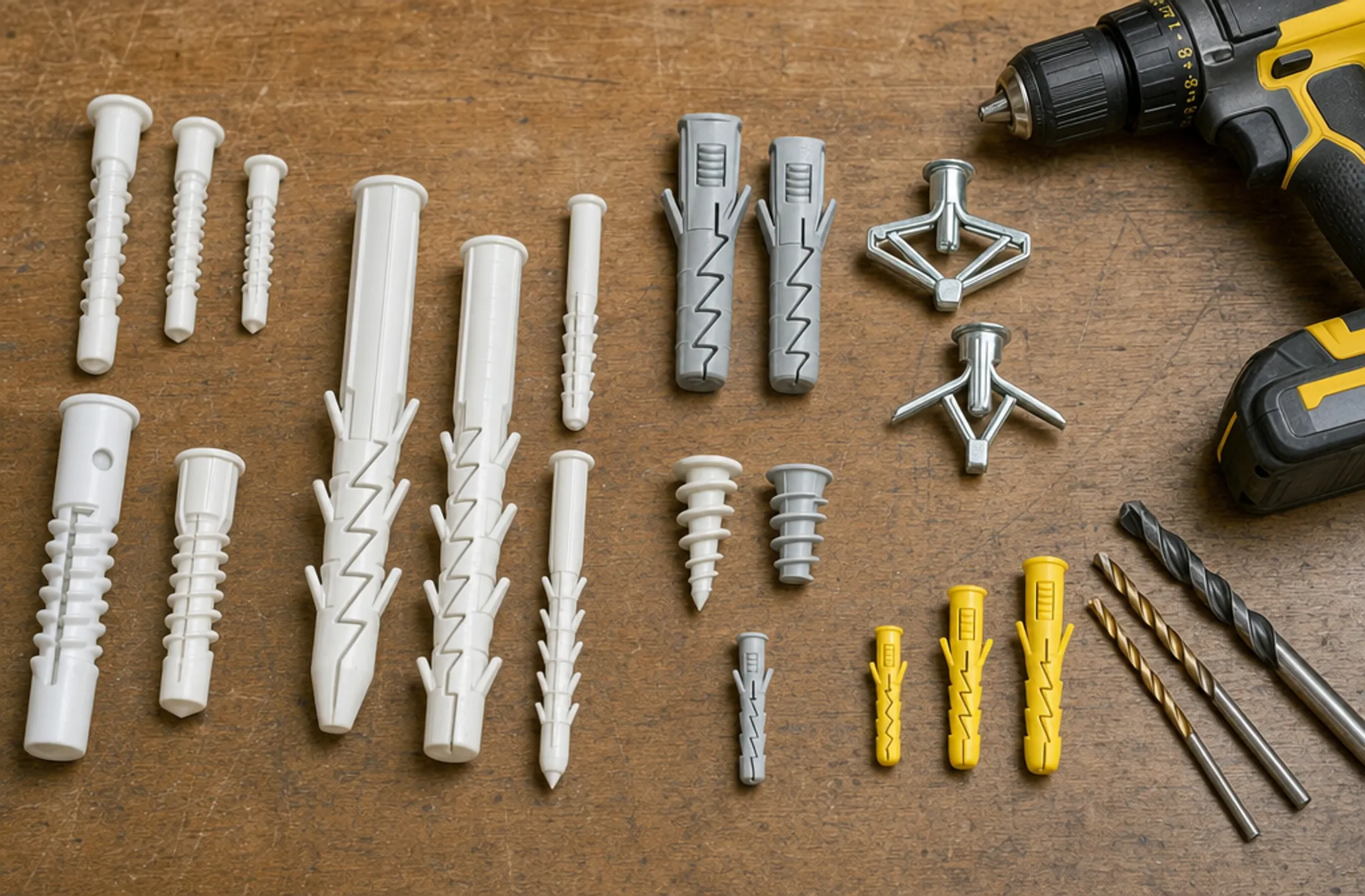 Assorted fasteners including lag bolts toggle bolts and masonry anchors on workbench