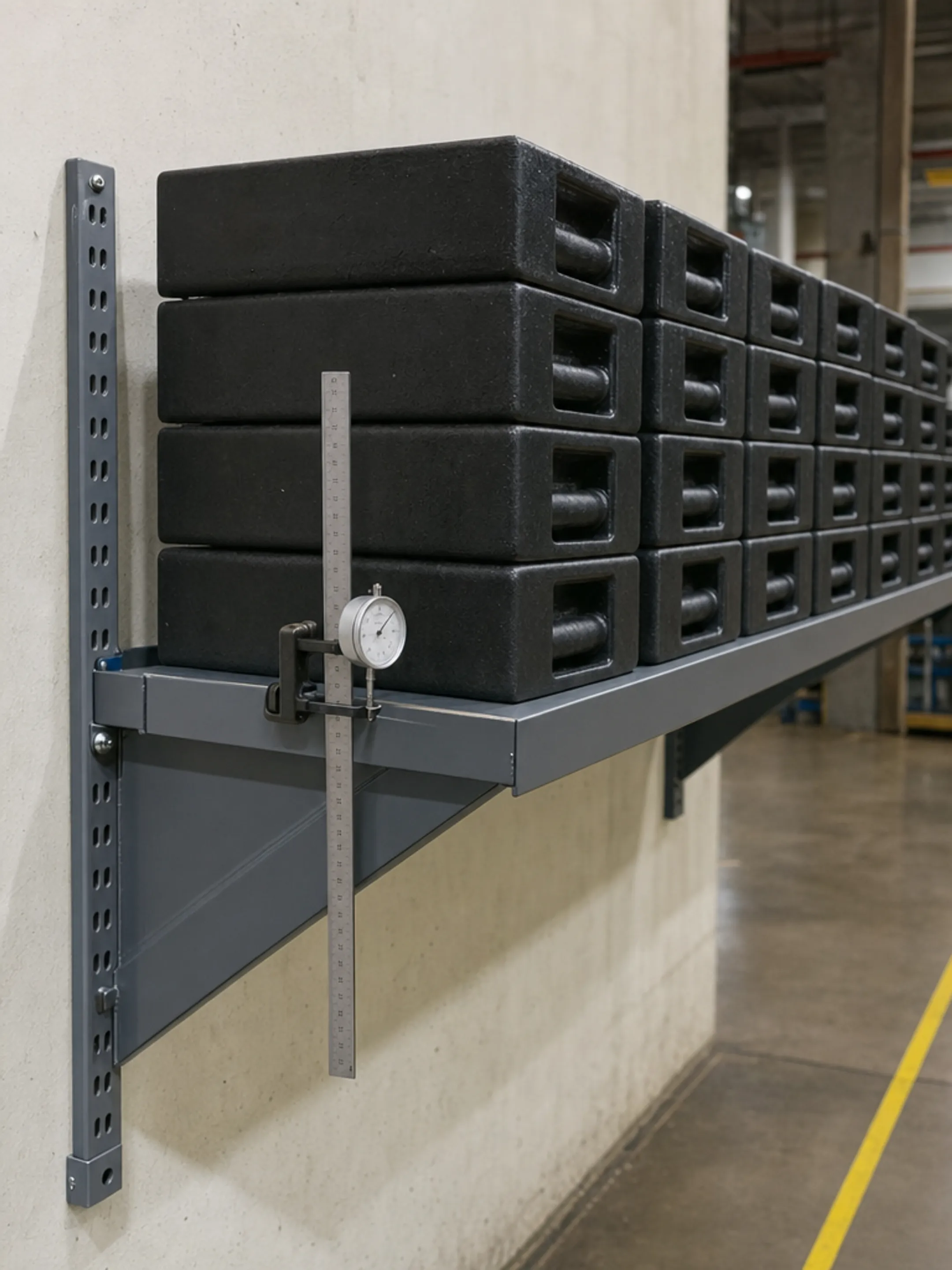 Heavy duty shelf bracket load testing with stacked weighted items