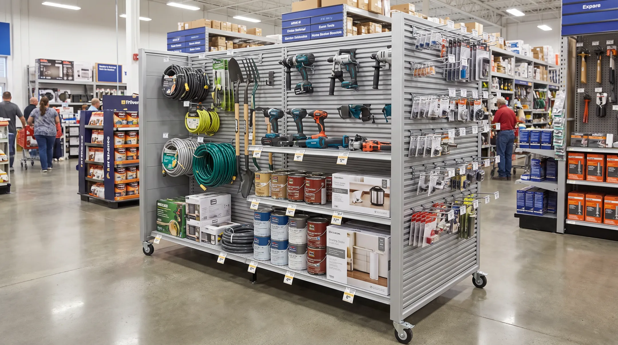 Steel and aluminum slatwall fixture displaying retail merchandise systematically
