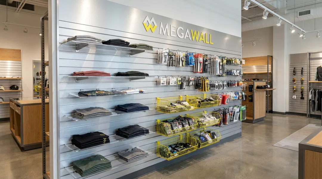Megawall aluminum slatwall panel system with interchangeable retail display accessories