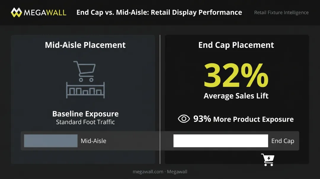 End cap display versus mid-aisle placement sales lift comparison infographic